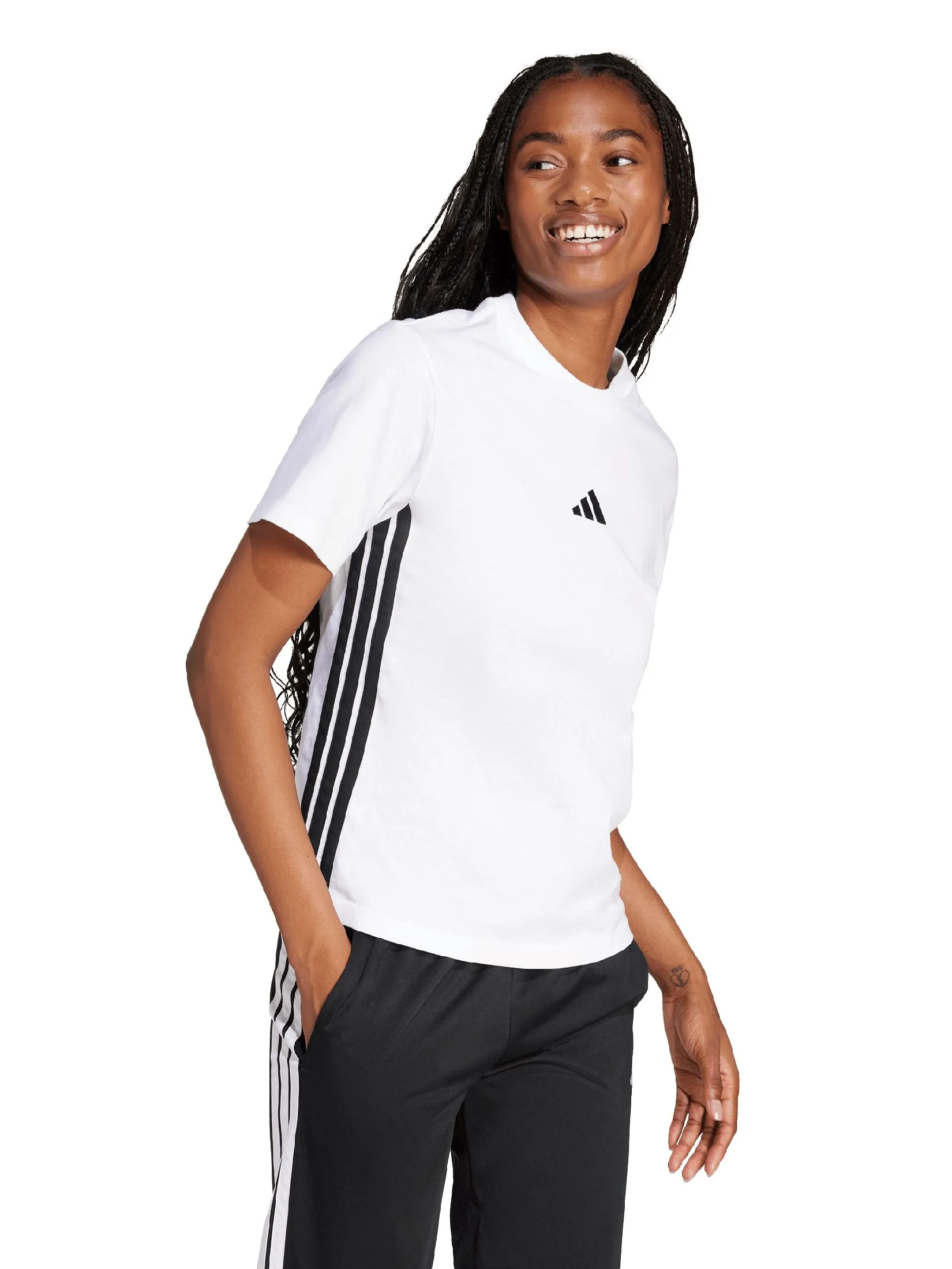 ADIDAS Women T-Shirt Essentials 3-Stripes Cotton JD0844 White / Whiteblack ADIDAS Women T-Shirt Essentials 3-Stripes Cotton JD0844 White / Whiteblack