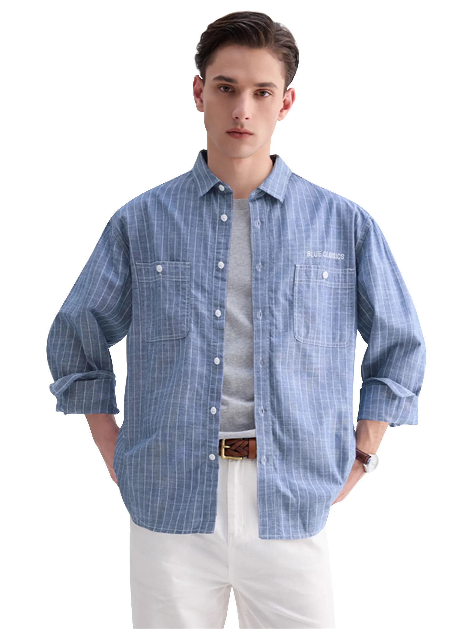 GIORDANO Men's Relaxed Chambray Shirt (Blue Classics) Neptune Blue GIORDANO Men's Relaxed Chambray Shirt (Blue Classics) Neptune Blue
