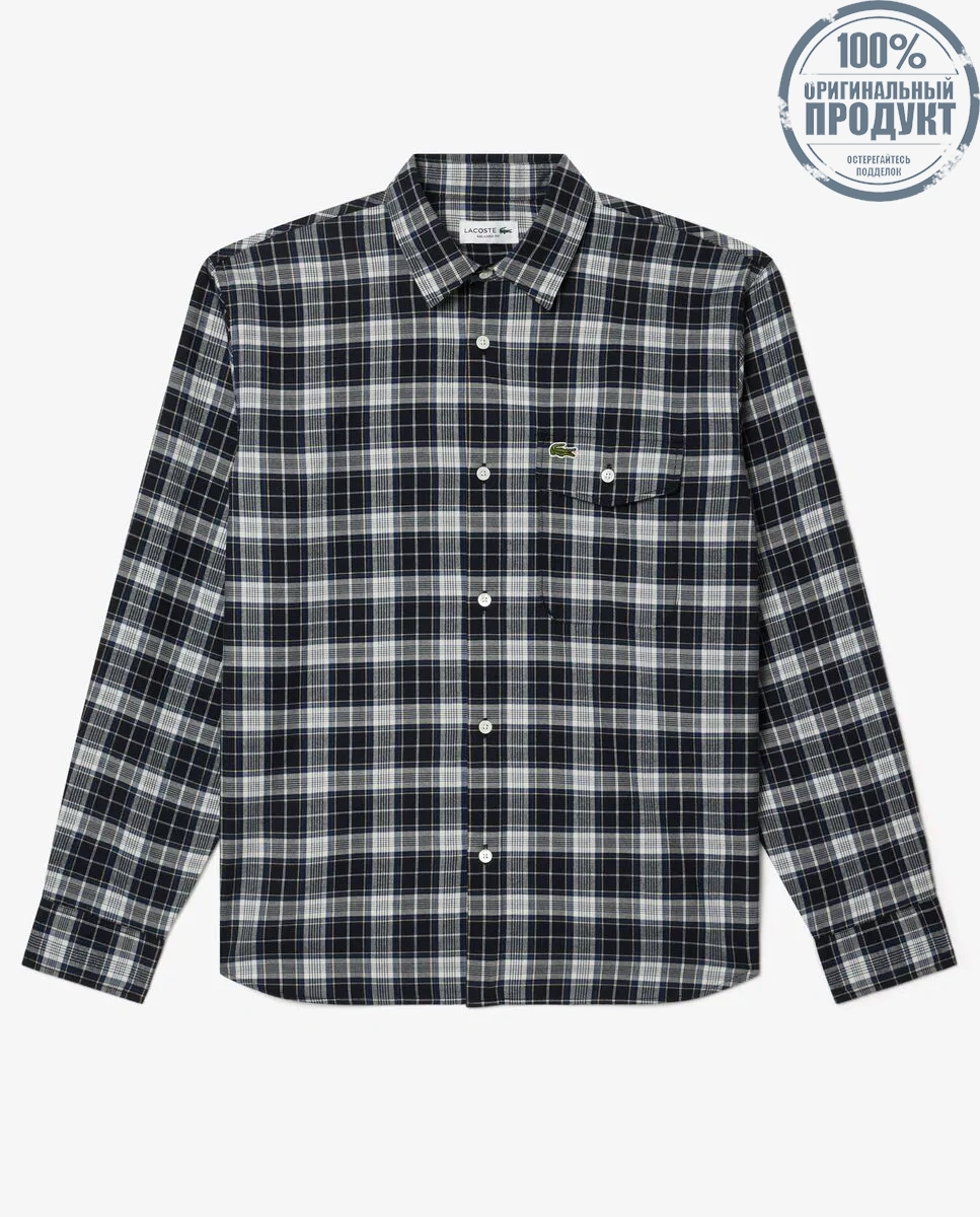 LACOSTE Relaxed Fit Plaid Flannel Overshirt Blue LACOSTE Relaxed Fit Plaid Flannel Overshirt Blue