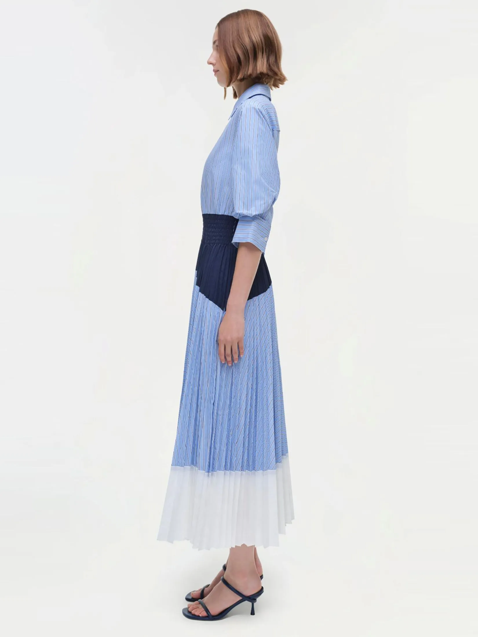 SIMKHAI Women Midi Dress Jenella Pleated Combo Harbor Blue Stripe SIMKHAI Women Midi Dress Jenella Pleated Combo Harbor Blue Stripe