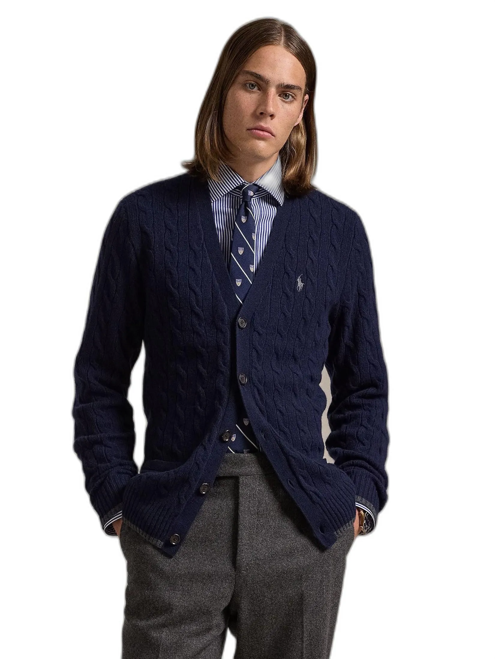 POLO RALPH LAUREN Men Cardigan-Cable-Knit Wool-Cashmere Cardigan MNPOSWE16822057-Blue POLO RALPH LAUREN Men Cardigan-Cable-Knit Wool-Cashmere Cardigan MNPOSWE16822057-Blue