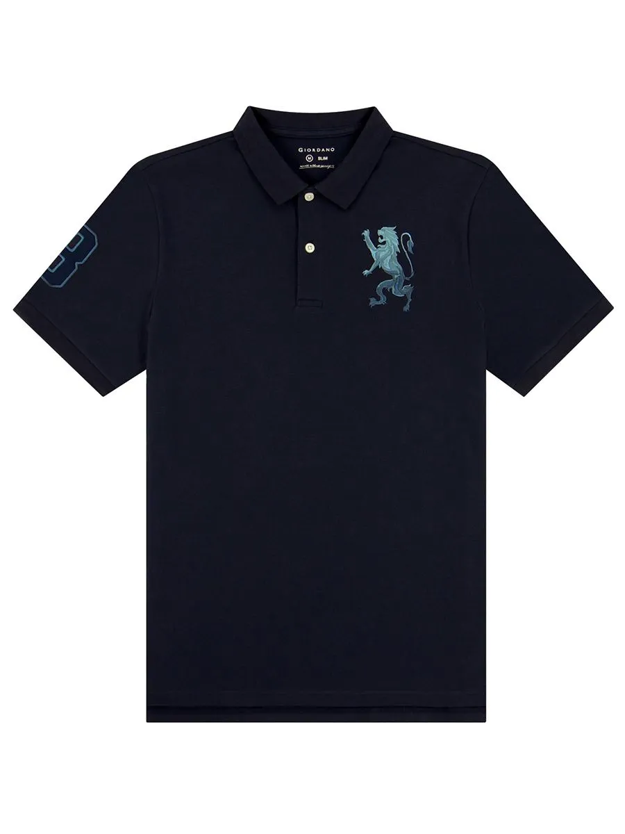 GIORDANO Men's Lycra Pique Embroidery Polo (3D Lion)  Navy Blue GIORDANO Men's Lycra Pique Embroidery Polo (3D Lion)  Navy Blue