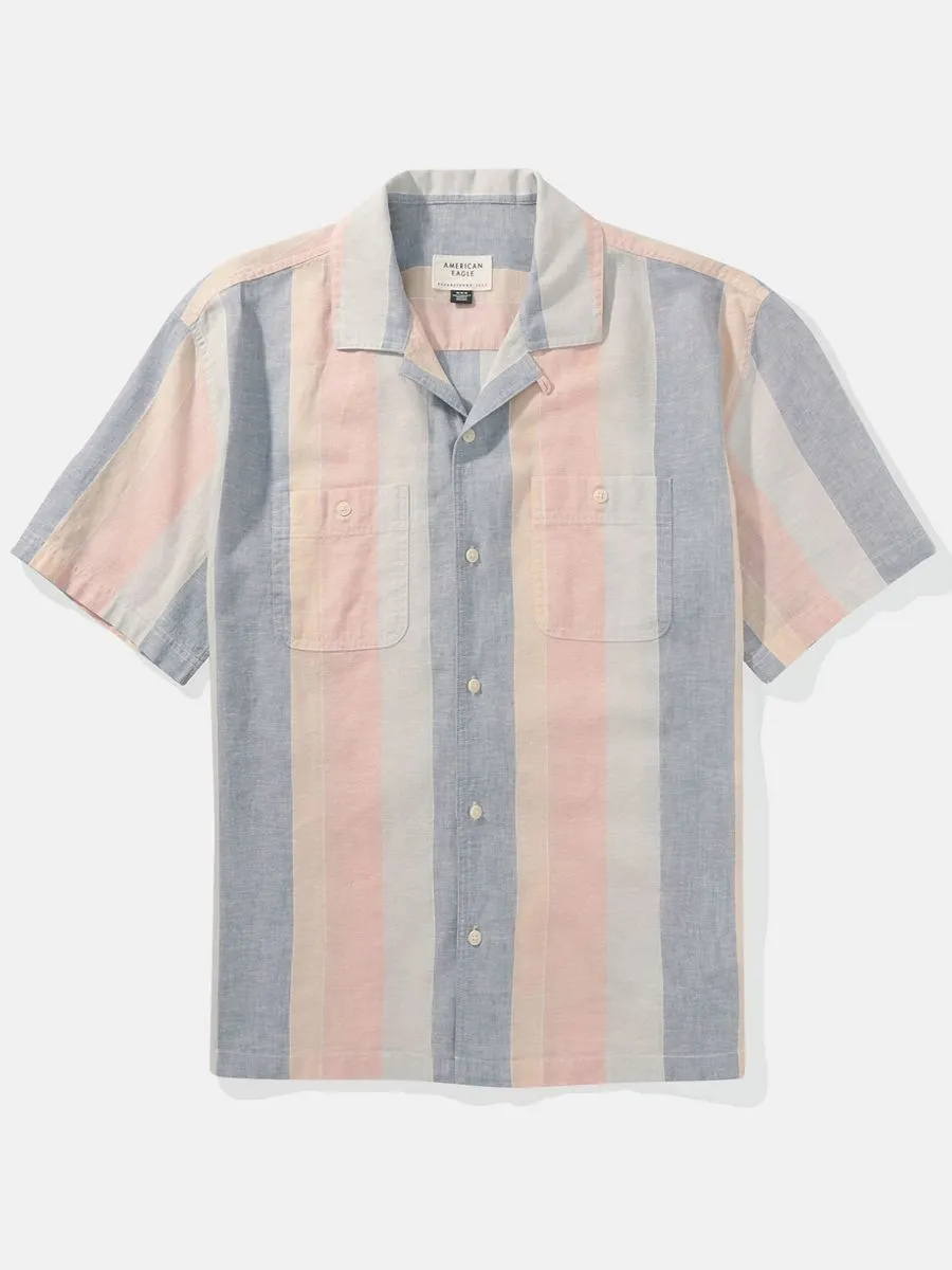 American Eagle MEN TAO STRIPE SS OVERSIZED CAMP COLLAR 2 PKT CURTIS LINEN SHIRT 900 MULTI
