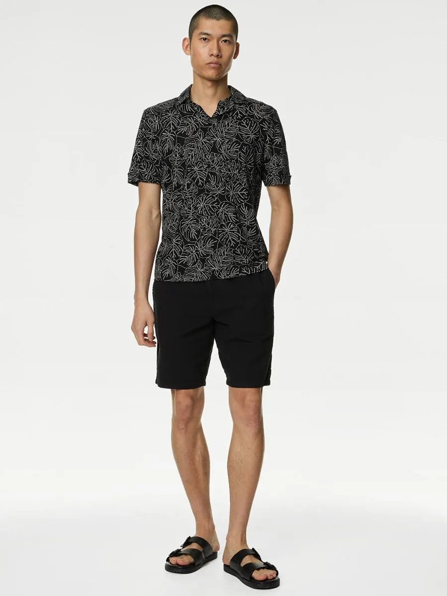 MARKS & SPENCER Men Polo Shirt Short Sleeves Pure Linen Leaf Print MARKS & SPENCER Men Polo Shirt Short Sleeves Pure Linen Leaf Print