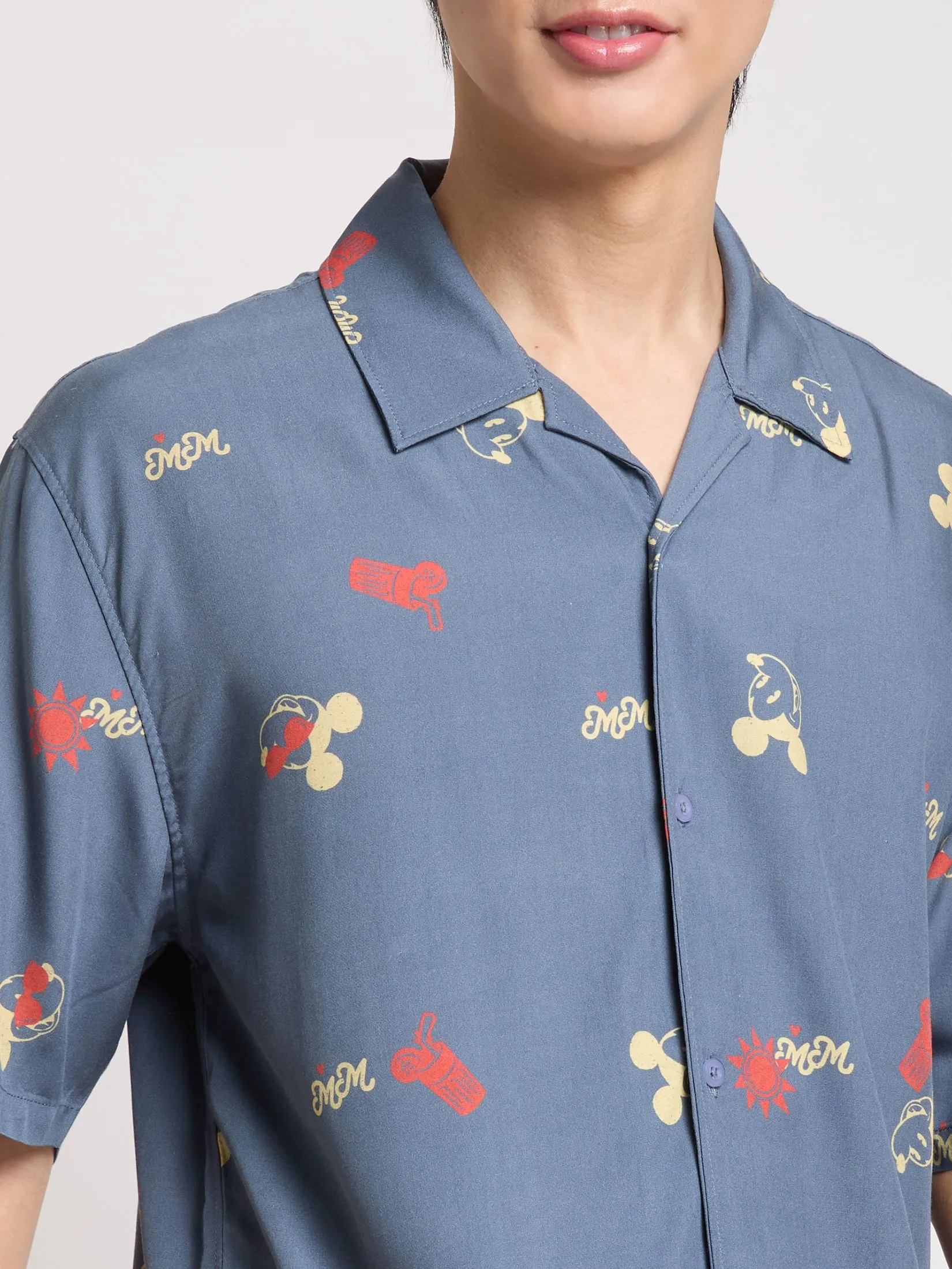 PACIFIC UNION Men Oversized Shirt Short Sleeves Mickey Mouse Graphic Printed Navy