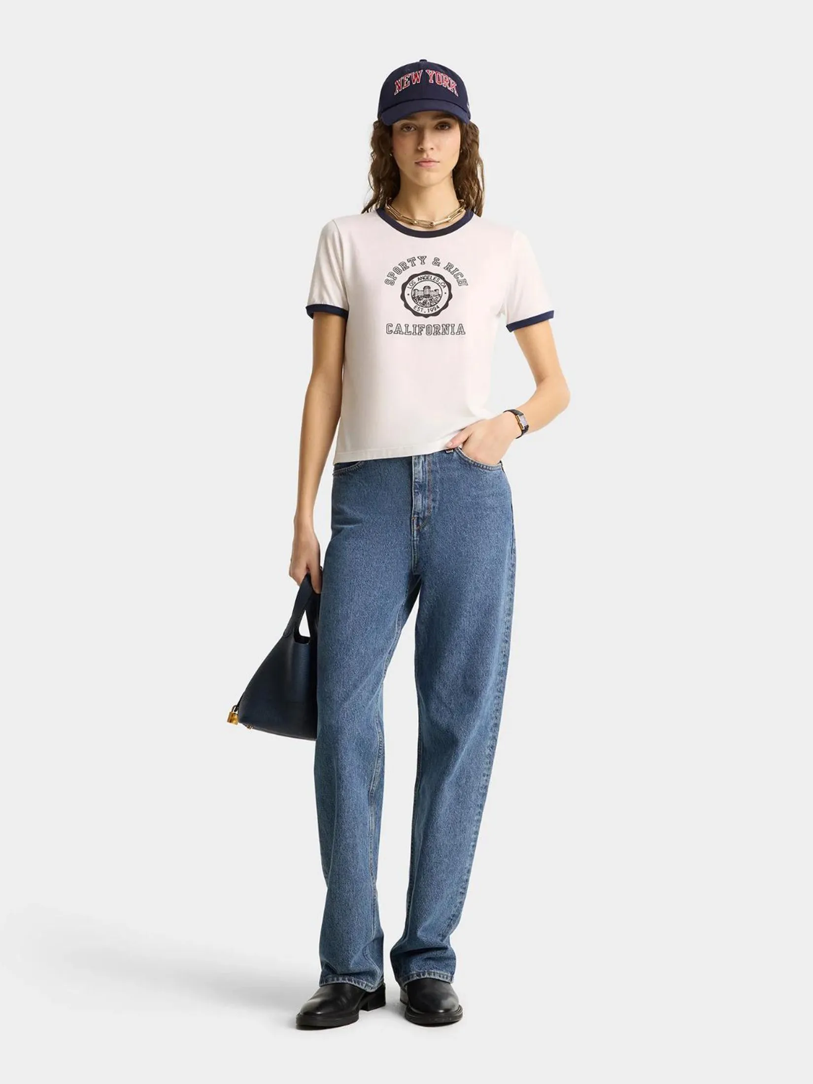 SPORTY & RICH Unisex Tee California Emblem Ringer - White/Navy SPORTY & RICH Unisex Tee California Emblem Ringer - White/Navy