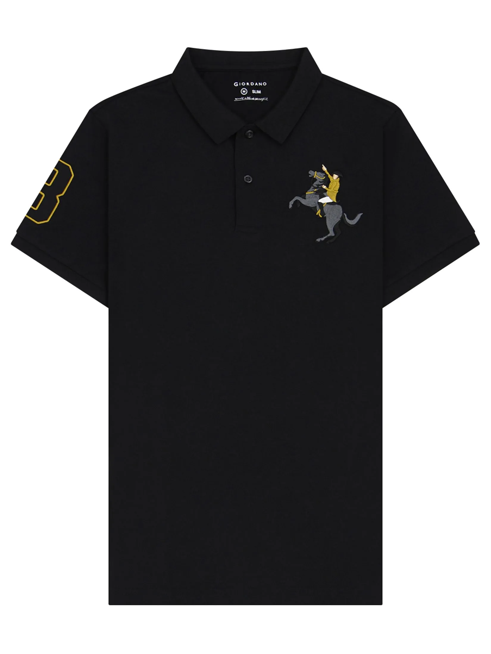 GIORDANO Men's Pique Slim Fit Embroidery Napoleon Polo Signature Black GIORDANO Men's Pique Slim Fit Embroidery Napoleon Polo Signature Black