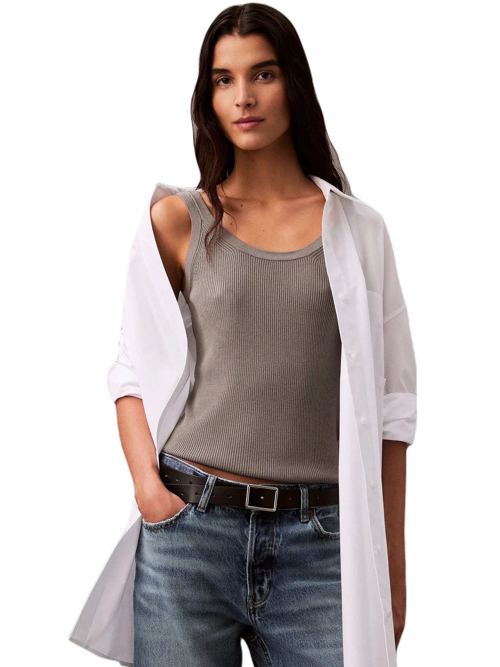 CALVIN KLEIN Women's Viscose Rib Knit Tank Top Grey CALVIN KLEIN Women's Viscose Rib Knit Tank Top Grey