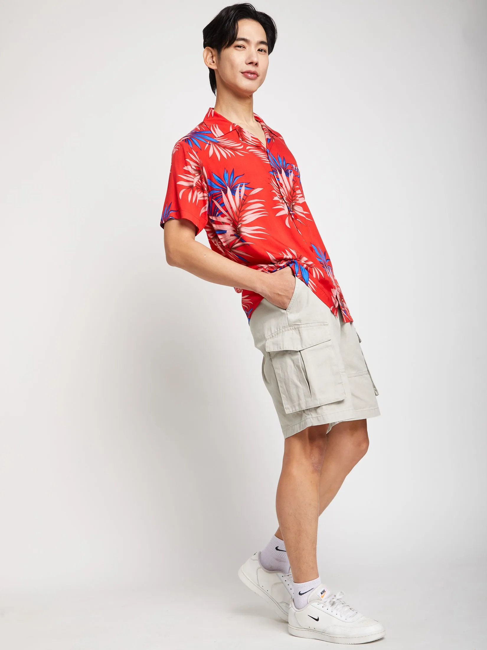 PACIFIC UNION Men Hawaii Shirt Short Sleeves Red PACIFIC UNION Men Hawaii Shirt Short Sleeves Red