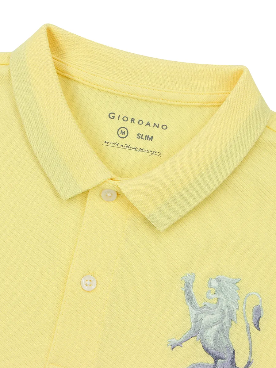 GIORDANO Men's Lycra Pique Embroidery Polo (3D Lion) Mellow Yellow GIORDANO Men's Lycra Pique Embroidery Polo (3D Lion) Mellow Yellow