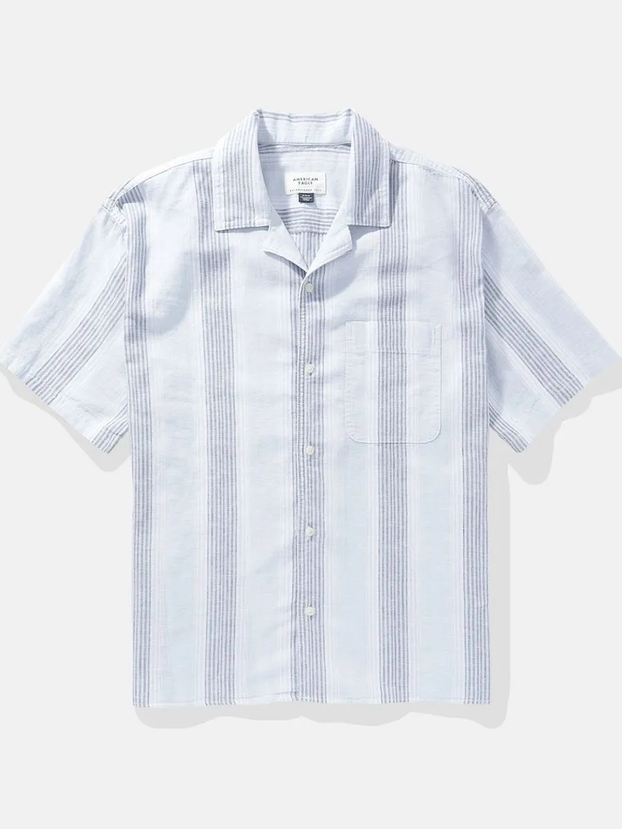 American Eagle MEN SS OVERSIZED CAMP COLLAR LINEN STRIPE 409 BLUE MIST American Eagle MEN SS OVERSIZED CAMP COLLAR LINEN STRIPE 409 BLUE MIST