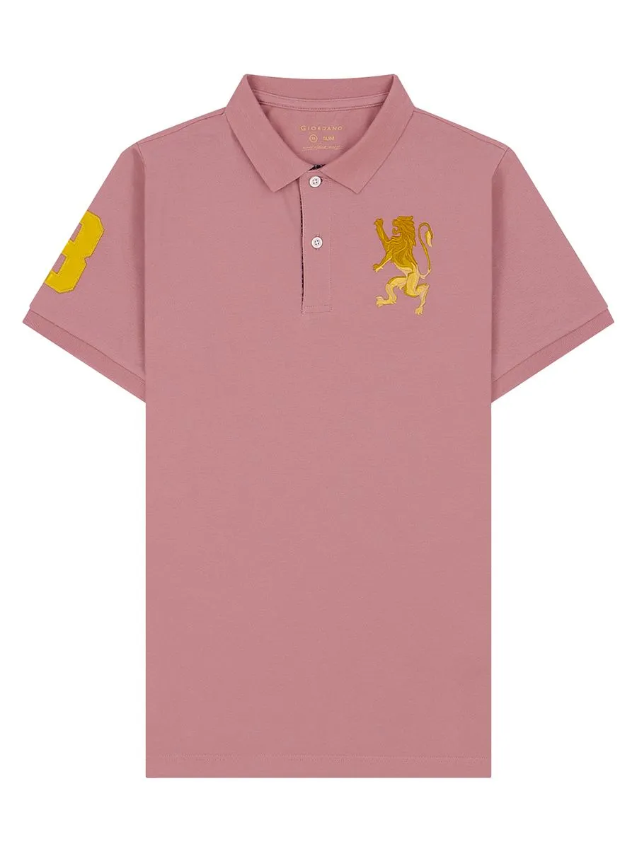GIORDANO Men's Slim Fit 3D Lion Embroidery Polo Ash Rose Pink GIORDANO Men's Slim Fit 3D Lion Embroidery Polo Ash Rose Pink