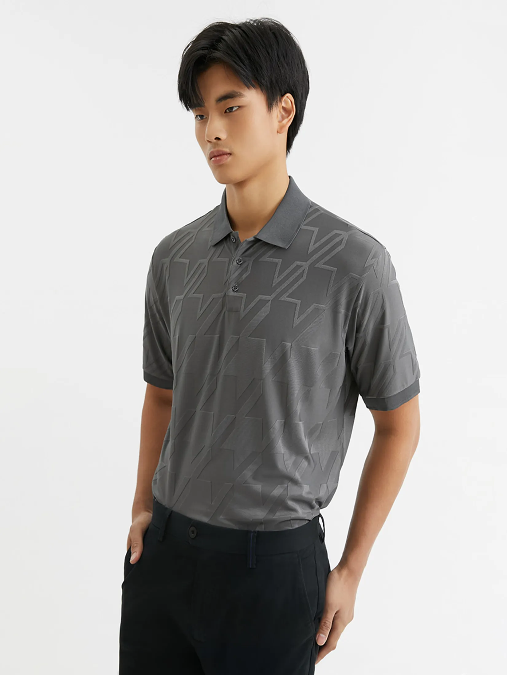 DAPPER Men Houndstooth Jacquard Polo Shirt Grey DAPPER Men Houndstooth Jacquard Polo Shirt Grey