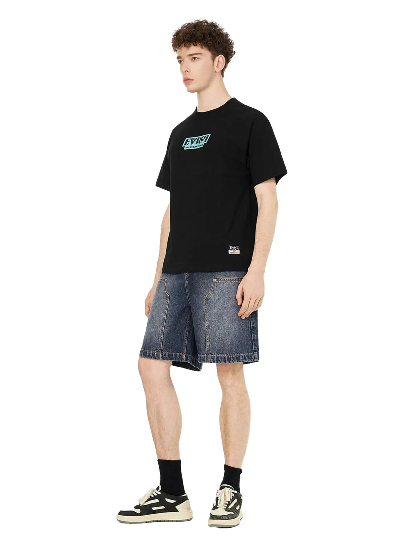 EVISU Men T-Shirt Slogan and Totem Daicock Print Relax Fit Black EVISU Men T-Shirt Slogan and Totem Daicock Print Relax Fit Black