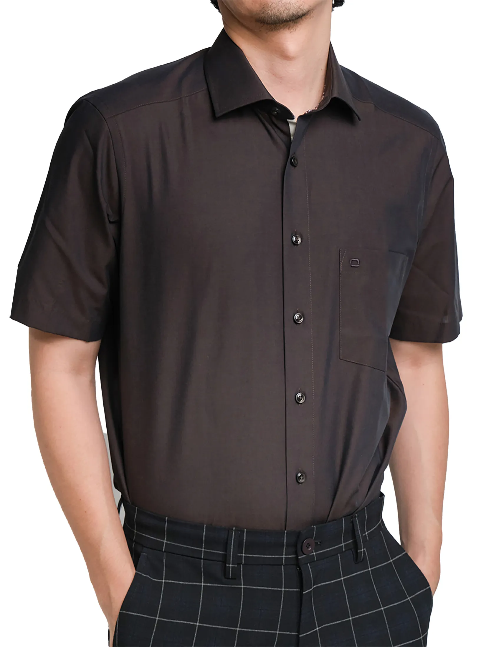 OLYMP MEN SHIRT SHORT SLEEVES CASUAL SHIRT MODERN FIT BROWN