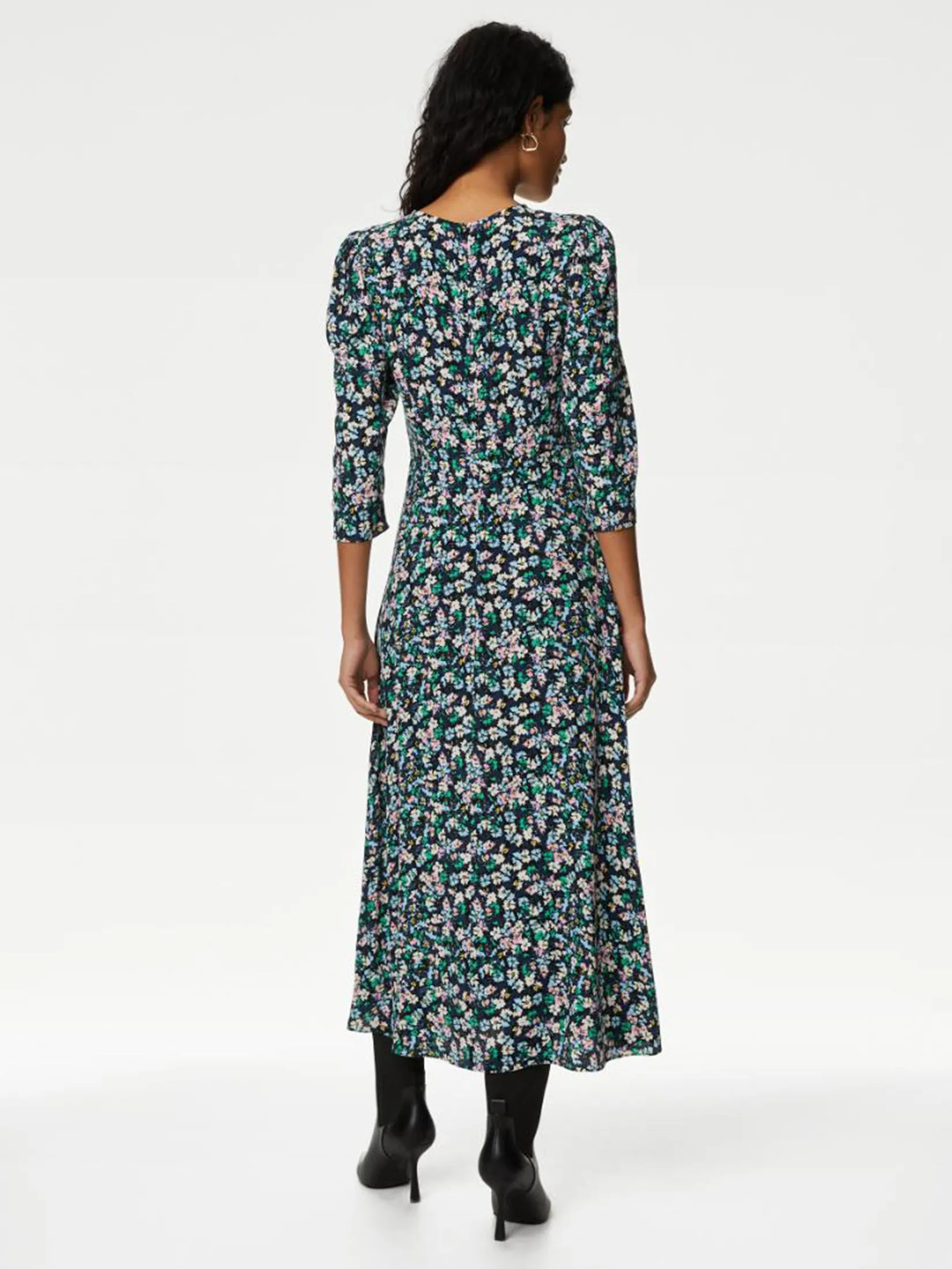 MARKS & SPENCER Women Midi Tea Dress Floral Round Neck Multi MARKS & SPENCER Women Midi Tea Dress Floral Round Neck Multi