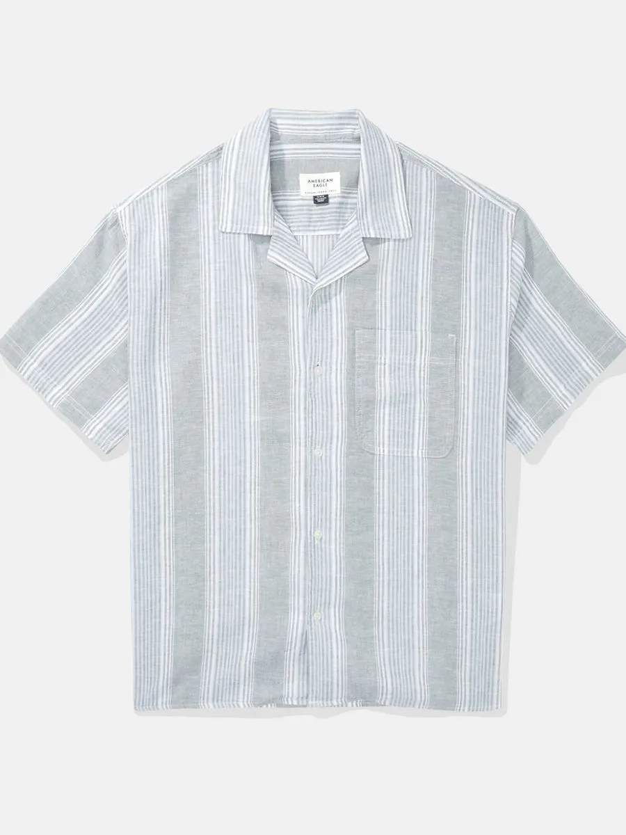 American Eagle MEN SS OVERSIZED CAMP COLLAR LINEN STRIPE 309 OLIVE American Eagle MEN SS OVERSIZED CAMP COLLAR LINEN STRIPE 309 OLIVE