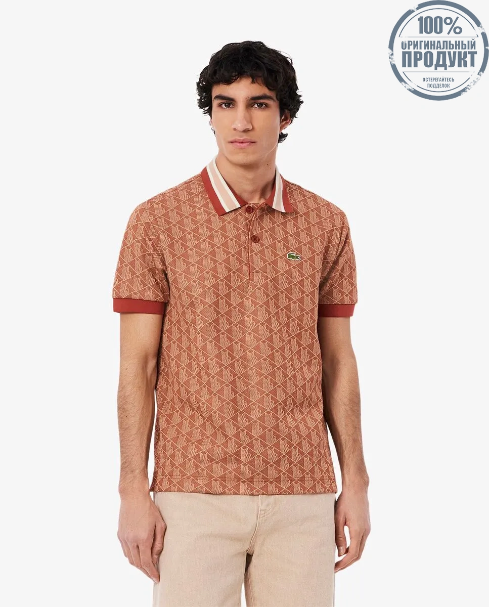 LACOSTE Classic Fit Monogram Jacquard Polo Shirt Brown LACOSTE Classic Fit Monogram Jacquard Polo Shirt Brown