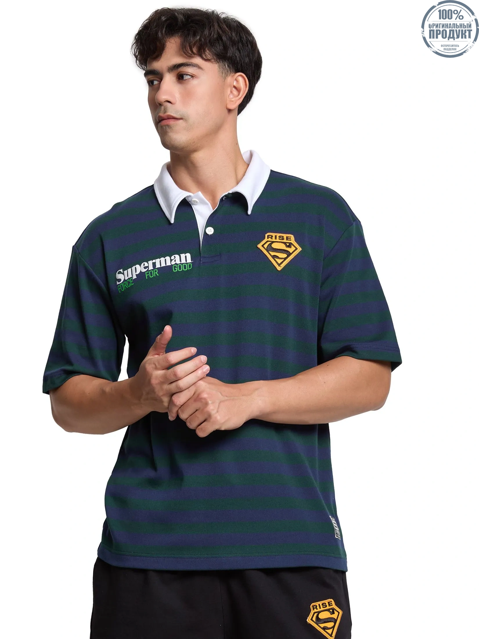 PACIFIC UNION Men Polo Shirt Stripe Superman Green PACIFIC UNION Men Polo Shirt Stripe Superman Green