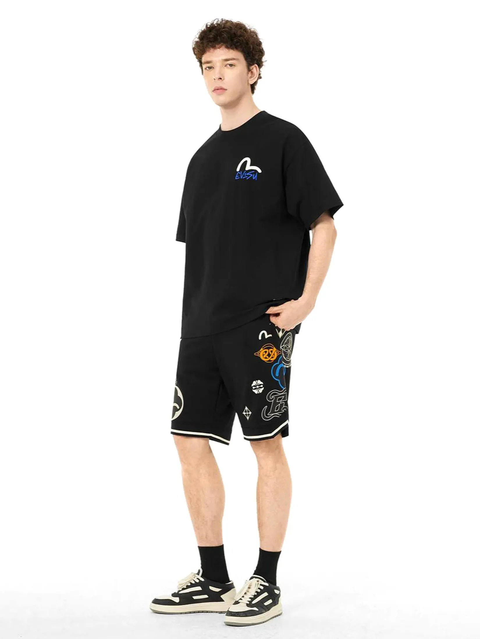 EVISU Men T-Shirt Floral Godhead Print Loose Fit Black EVISU Men T-Shirt Floral Godhead Print Loose Fit Black