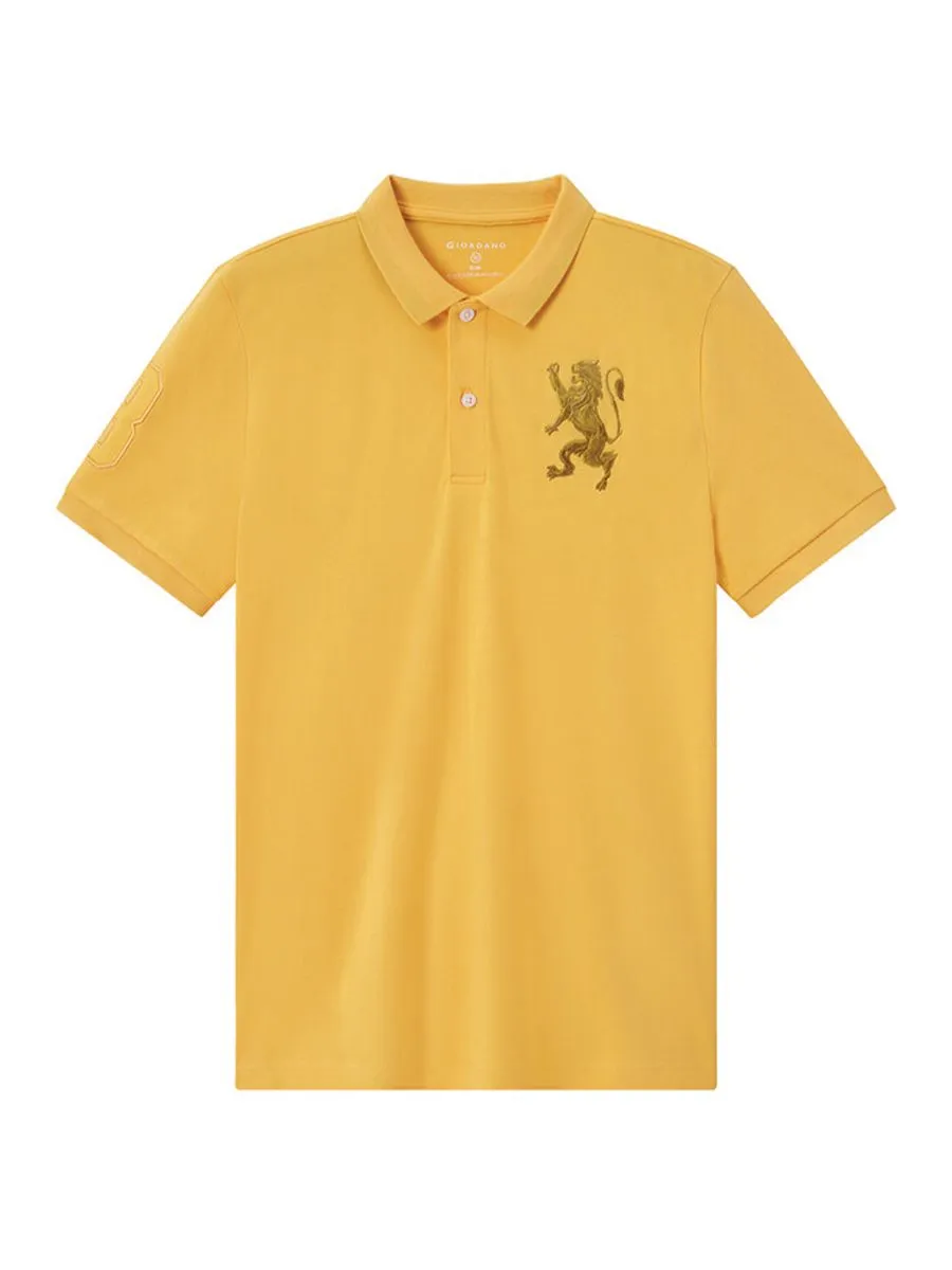 GIORDANO Men's Slim Fit 3D Lion Embroidery Polo Daffodil Yellow GIORDANO Men's Slim Fit 3D Lion Embroidery Polo Daffodil Yellow