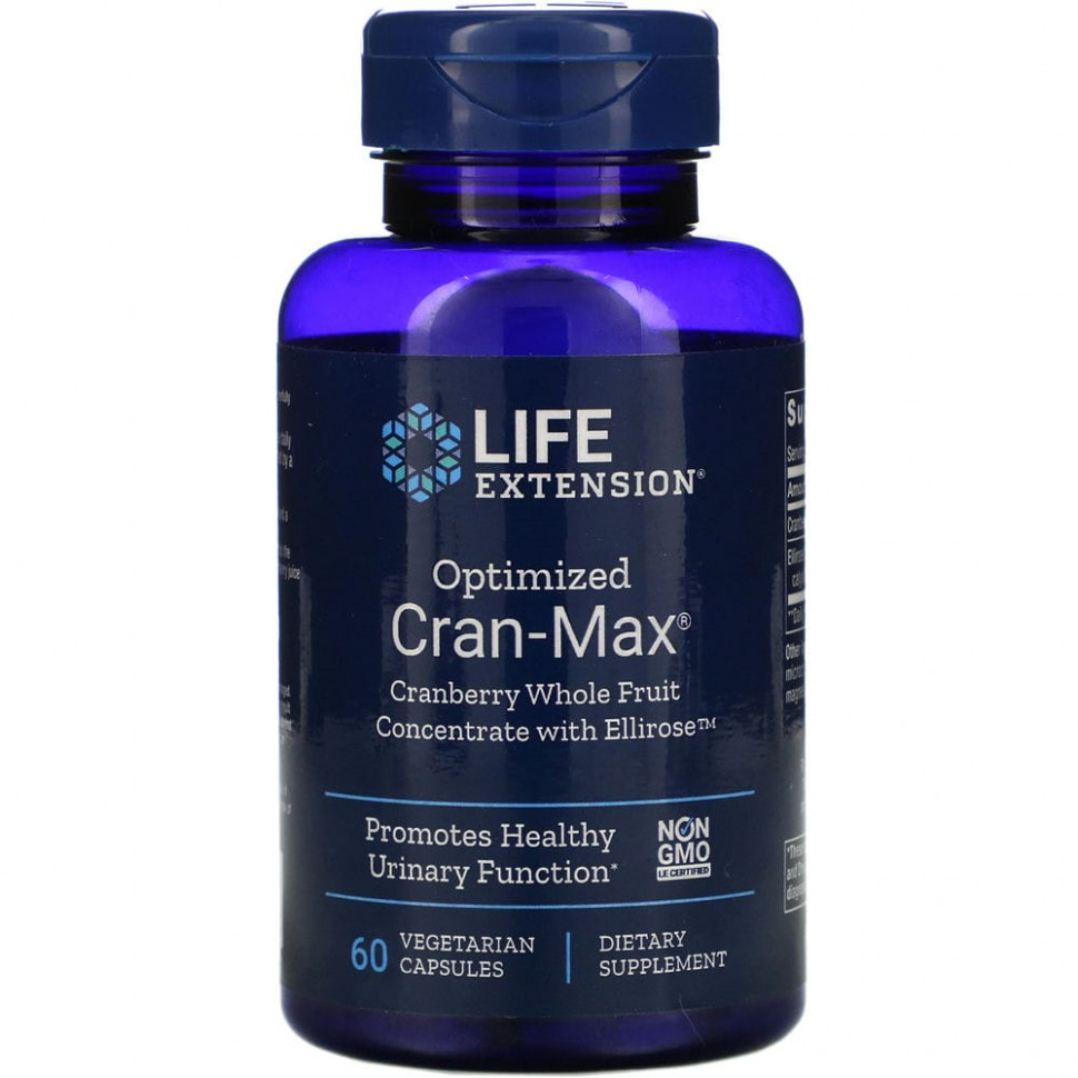 Life Extension, Optimized Cran-Max, концентрат из цельных ягод клюквы с Ellirose, 60 вегетарианских капсул