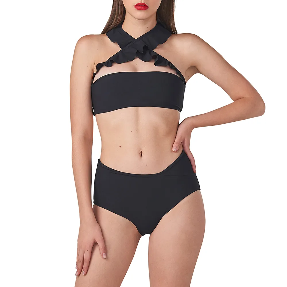 ANGELYS BALEK Black Free Form Ruffle Neck Bikini &High Waist Brief Women Swimsuit Size - L