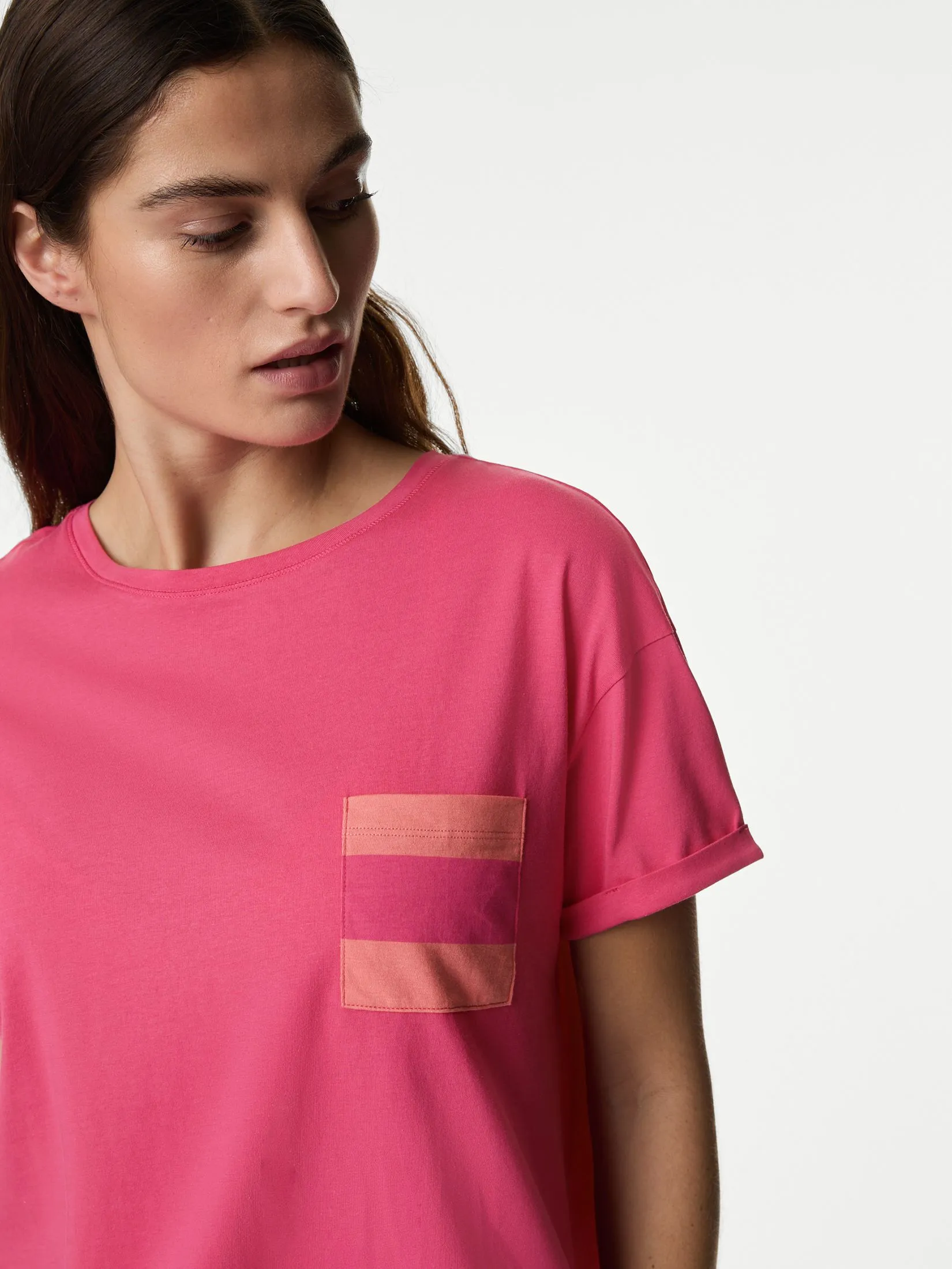 MARKS & SPENCER Women Pyjama Set Cotton Rich Crop Leg Deep Pink