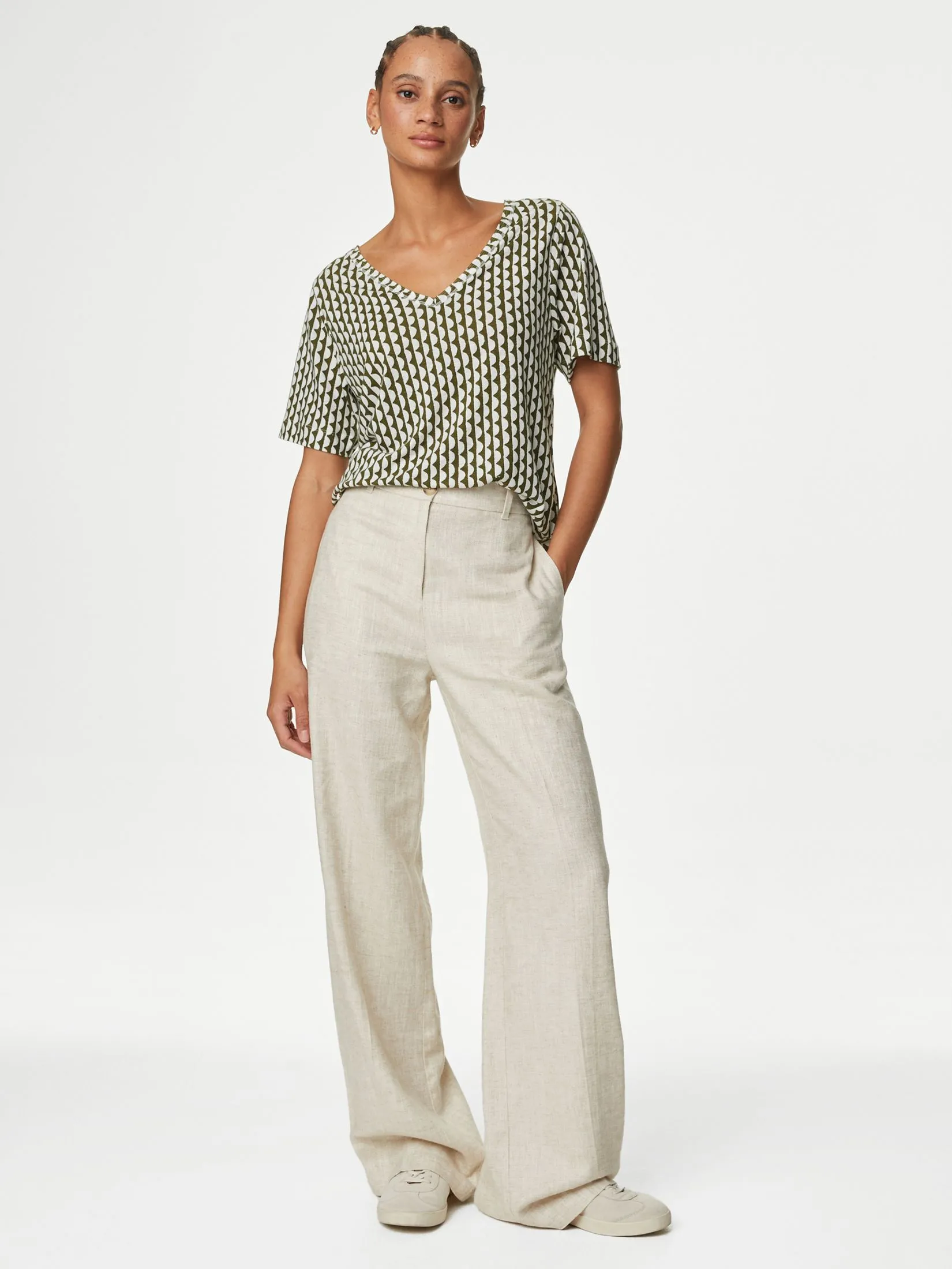 MARKS & SPENCER Women Top V-Neck Linen Blend Printed Khaki Mix