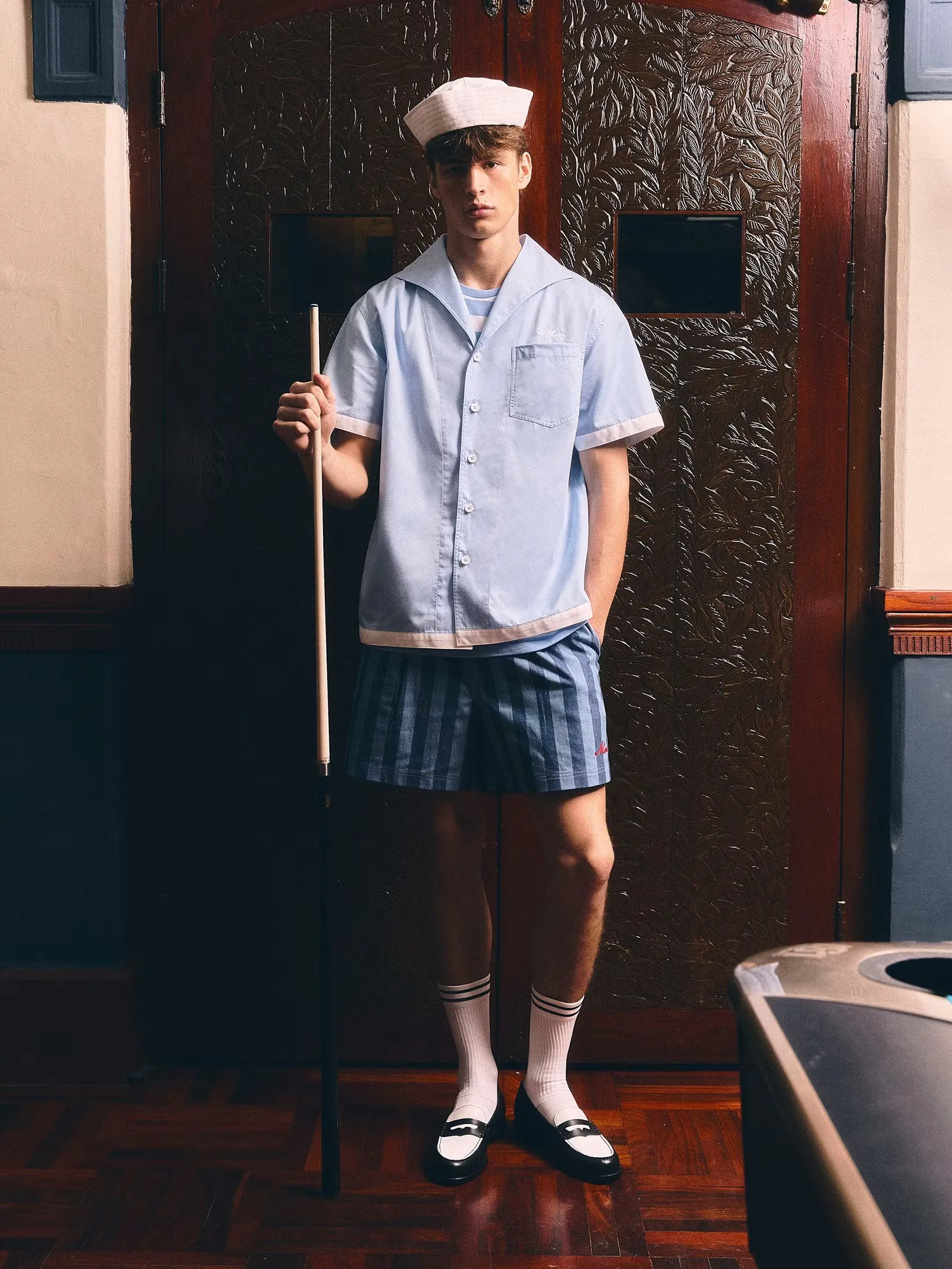 MOO [MOO 5/25] Striped Denim Shorts Blue