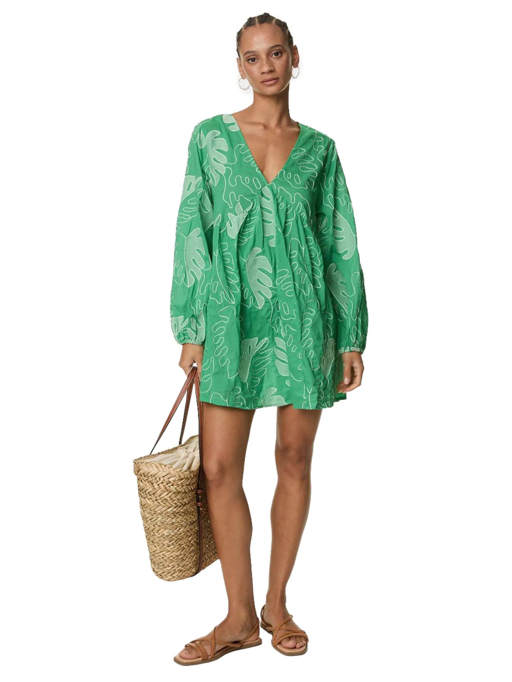 MARKS & SPENCER Women Mini Dress Pure Cotton Embroidered V-Neck Beach Medium Green