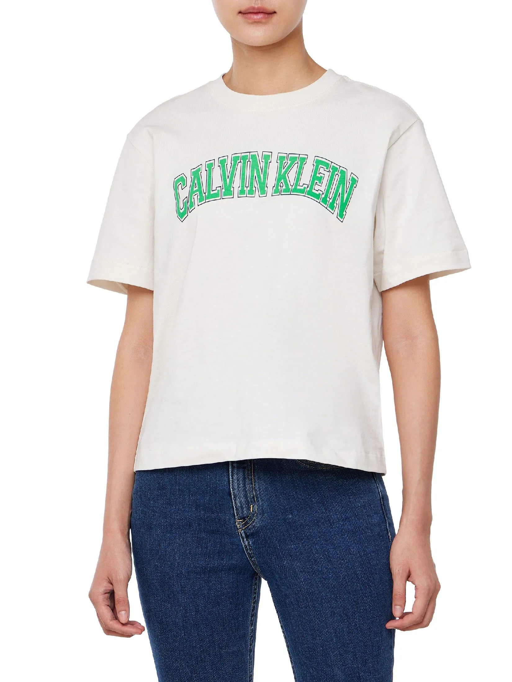 CALVIN KLEIN Women's Boxy Calvin Klein Varsity Short Sleeve T-Shirt White Size - S