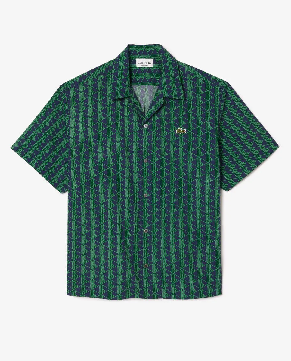 LACOSTE Short Sleeved Monogram Print Shirt Navy Blue/Green