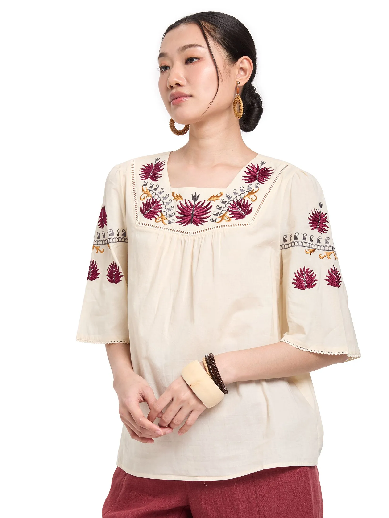 JOURNAL Women Blouse 3/4 Sleeves Square Neckline Floral