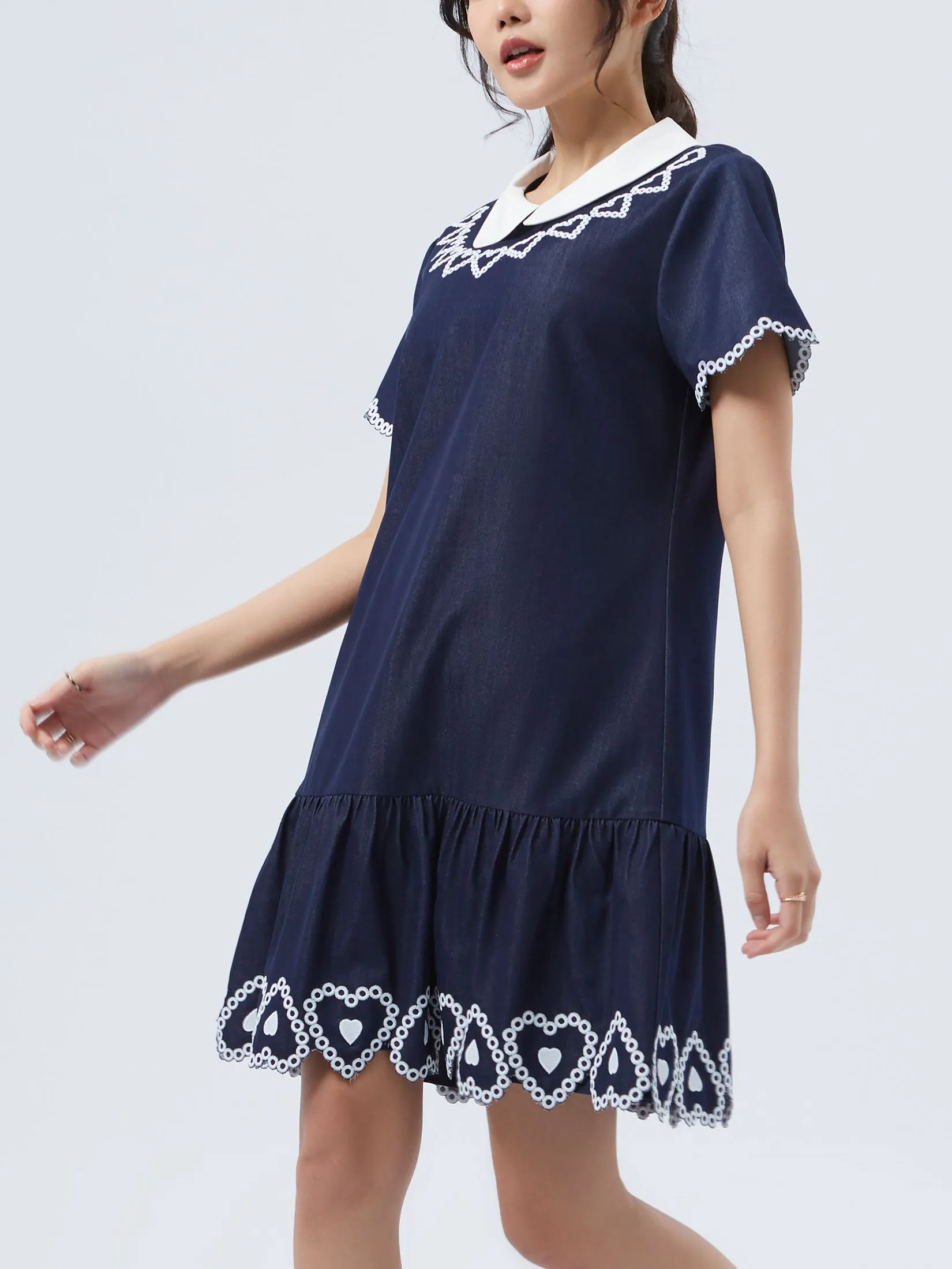 EP Heart Embroidery Short Dress Woman Dark Blue
