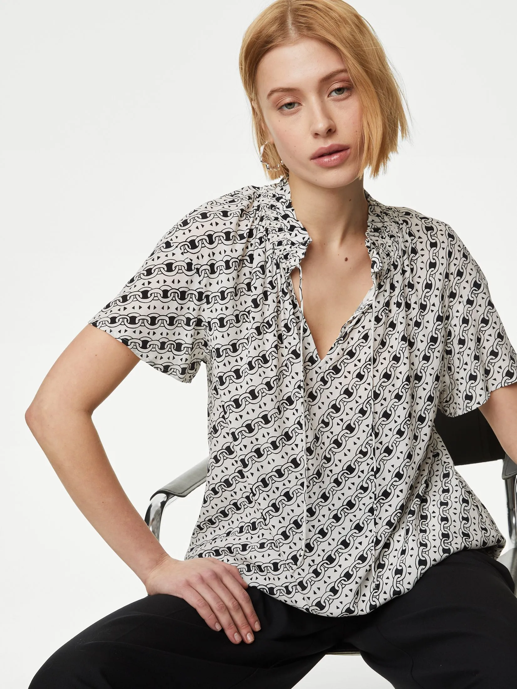 MARKS & SPENCER Women Blouse Tie Neck Printed Gathered Ivory Mix