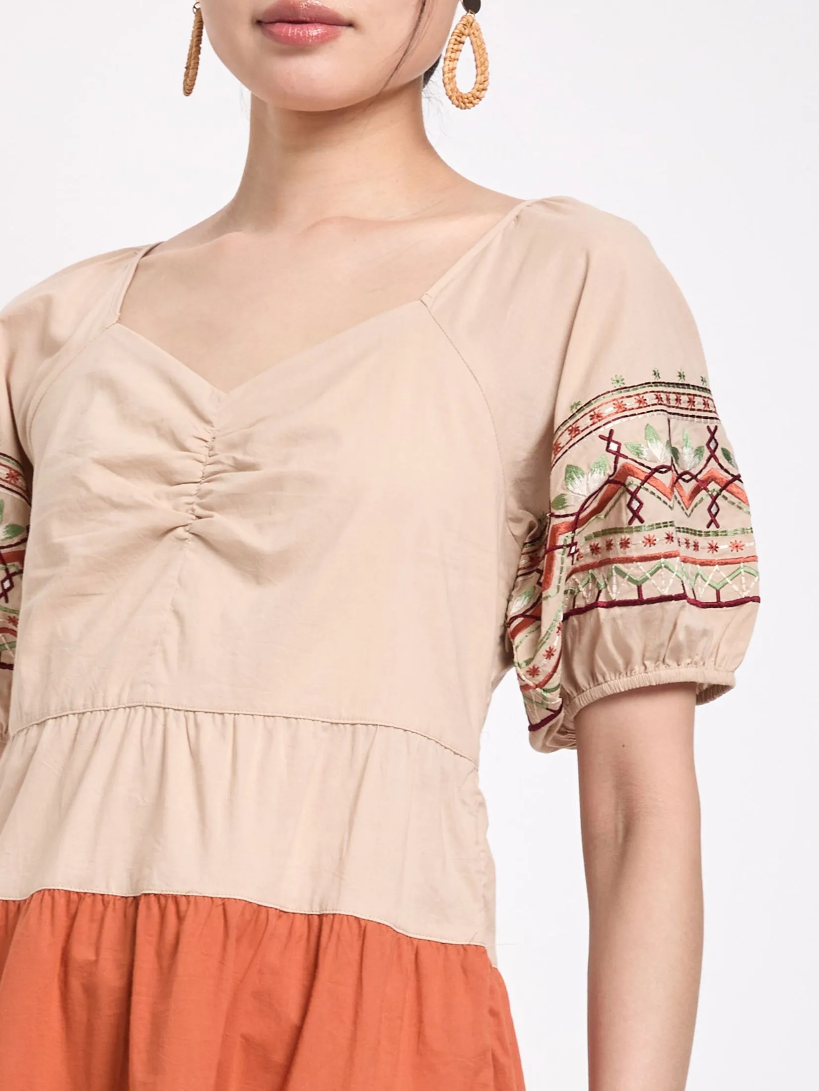 JOURNAL Women Dress Short Sleeves V-Neck Horizontally Oriented Embroidered