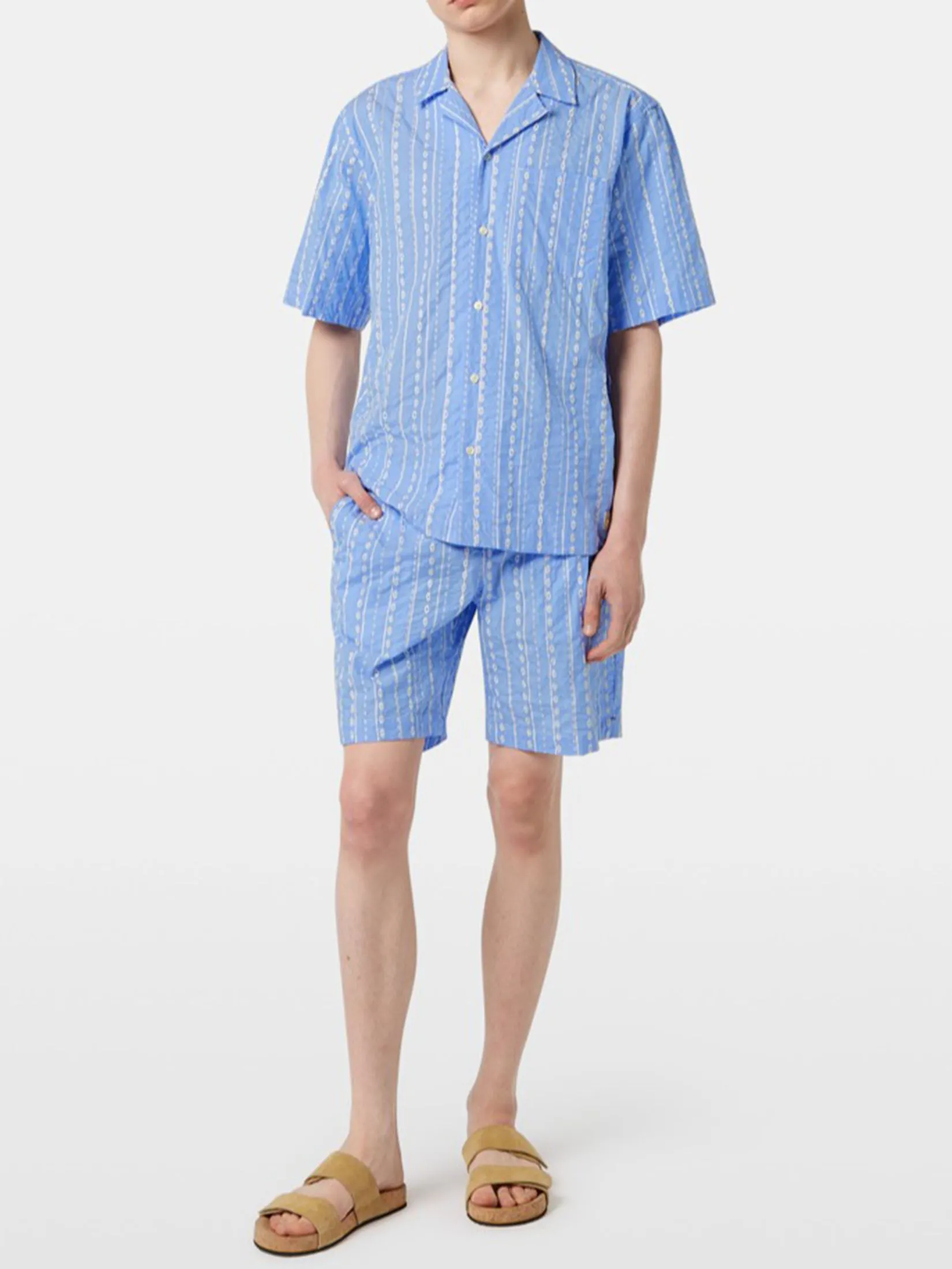 SCOTCH&SODA Men Bermuda Short Twilt - Striped & Embroidered Seersucker Sky Blue