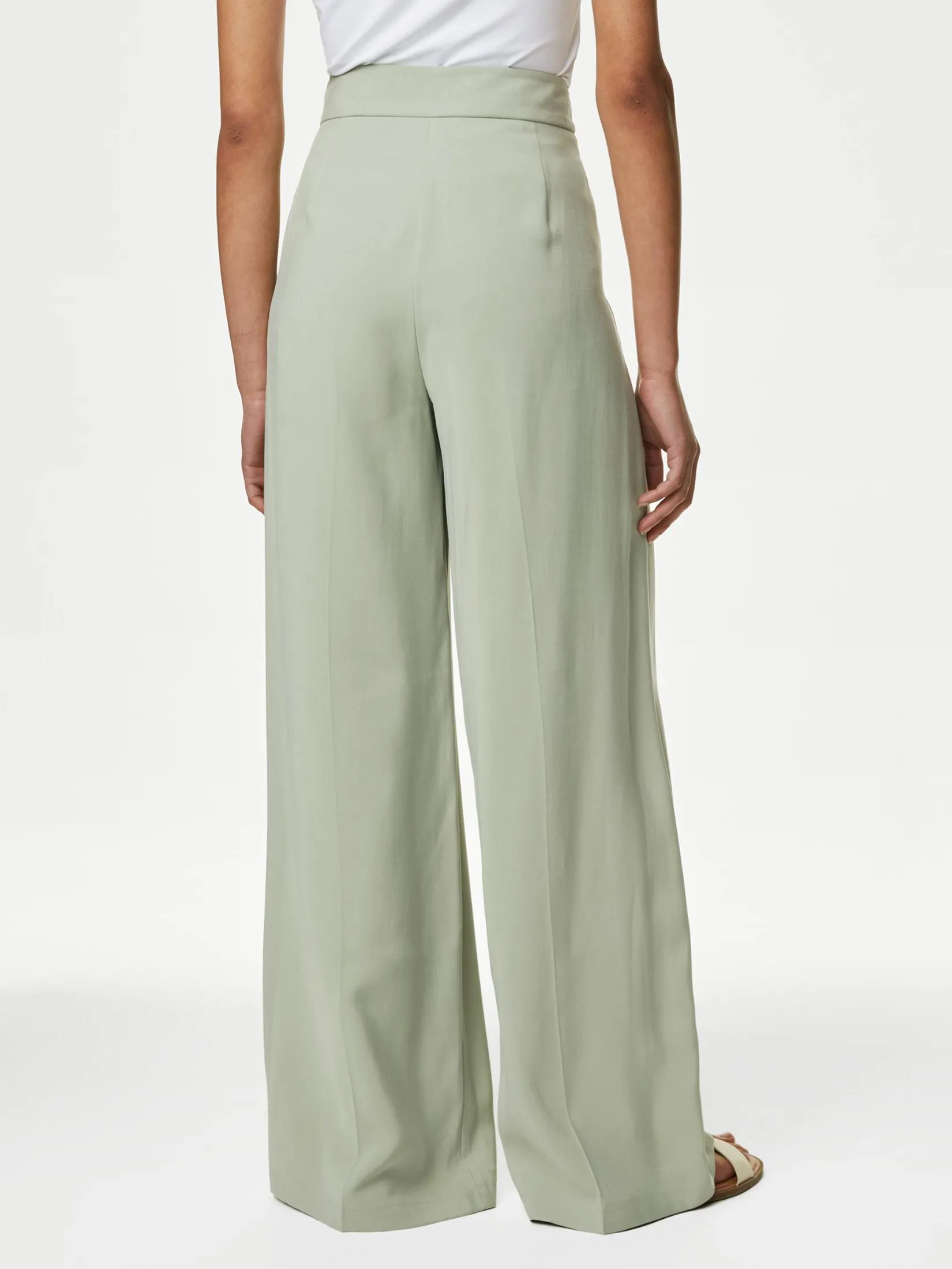 MARKS & SPENCER Women Wide Leg Trousers Pleat Front Soft Green