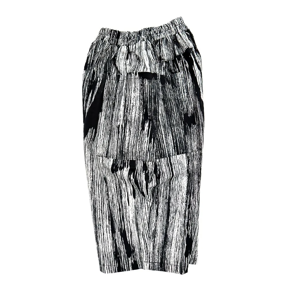 LAGOM Black Short Pants : Black and White Brush Stroke Pattern Pants