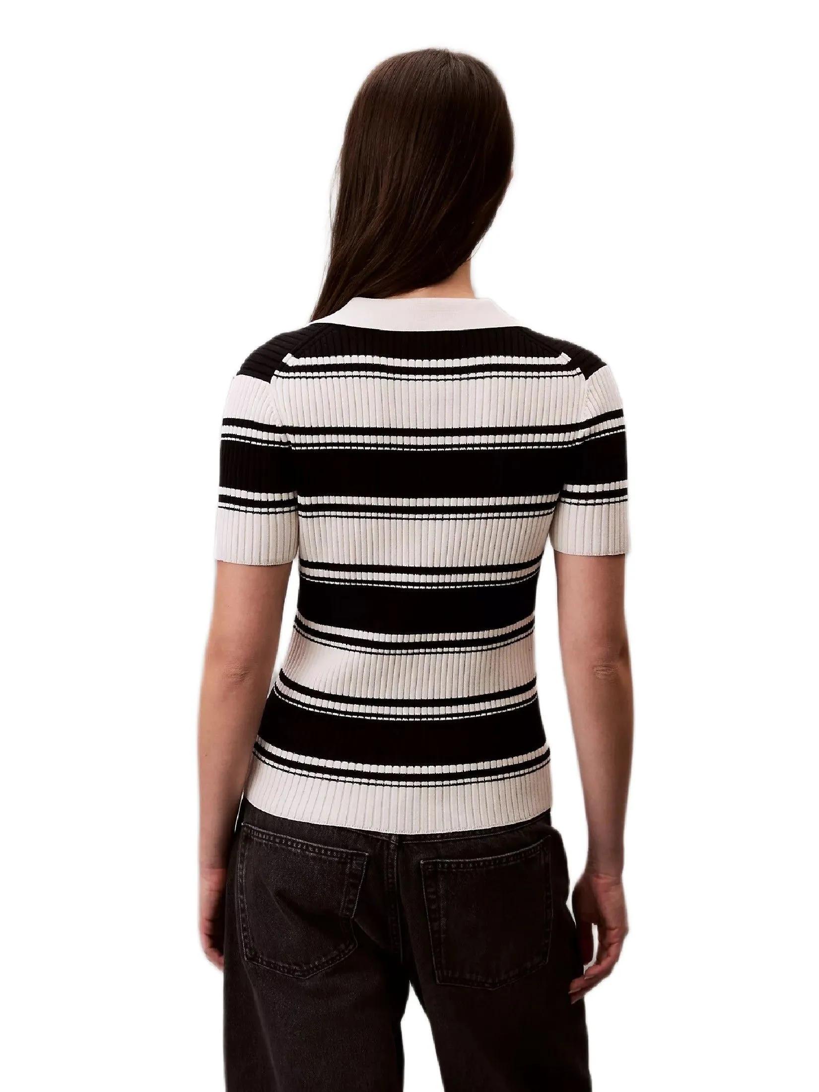 CALVIN KLEIN Women's Smooth Cotton Rib Stripe Polo Shirt Multicolor