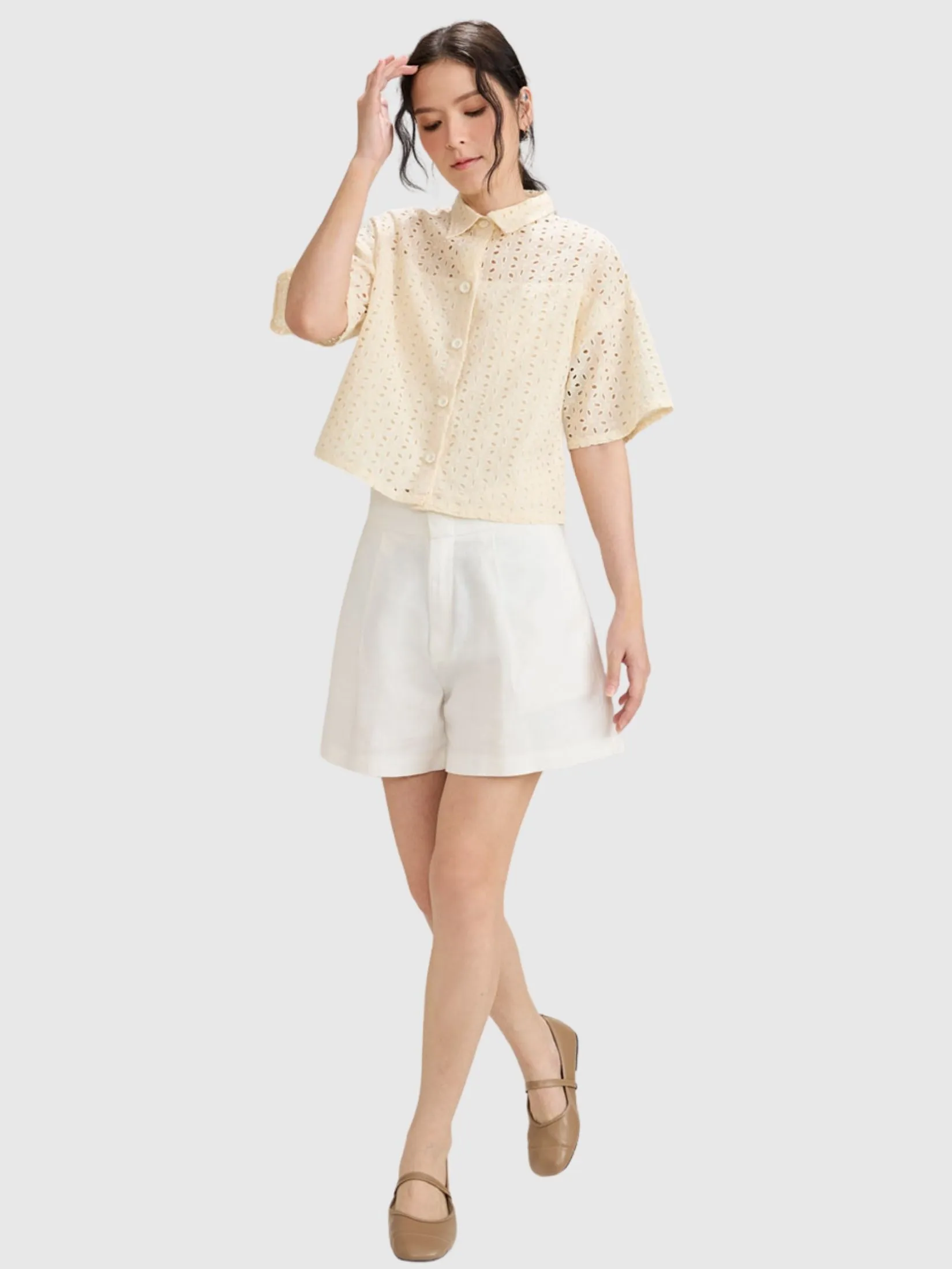 AMILA Women Shirt Short Sleeves Cotton Embroidery Cream