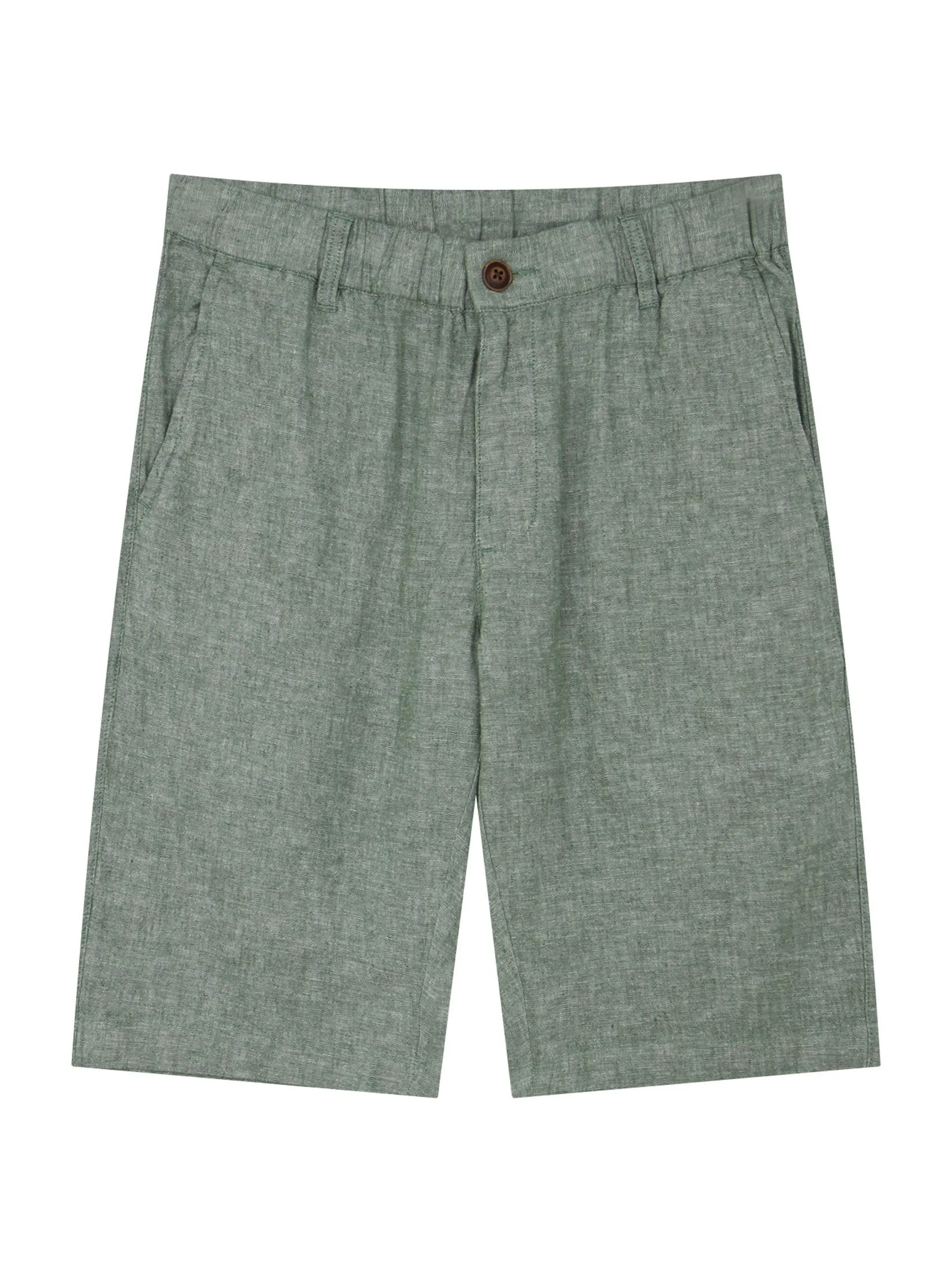 GIORDANO Men's Slim Linen Bermuda Shorts Dark green x White