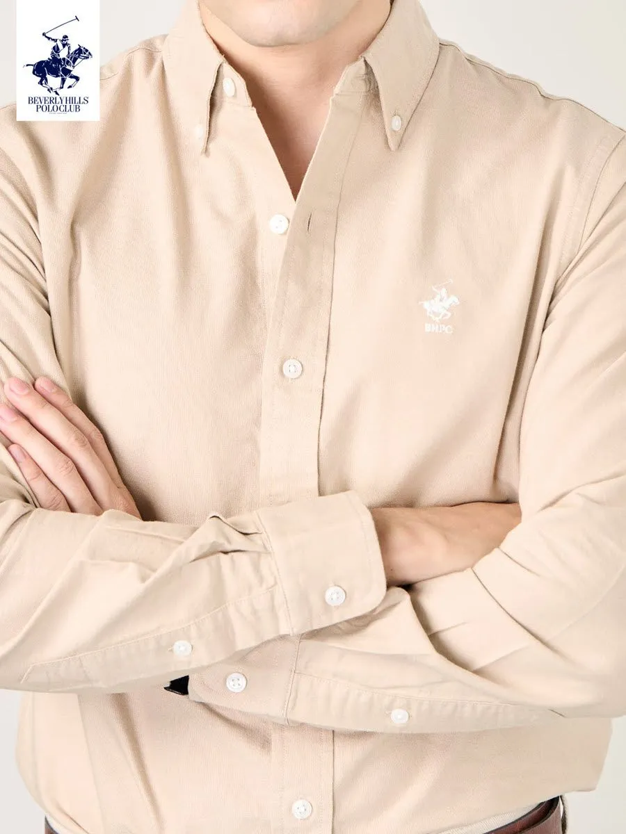 BEVERLY HILLS POLO CLUB Men Oxford Relax Fit Shirt Long Sleeve, Light Brown