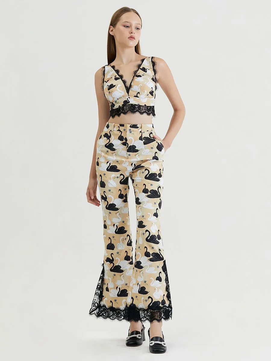 KLOSET (RS24) Swan Print With Lace Pants Beige