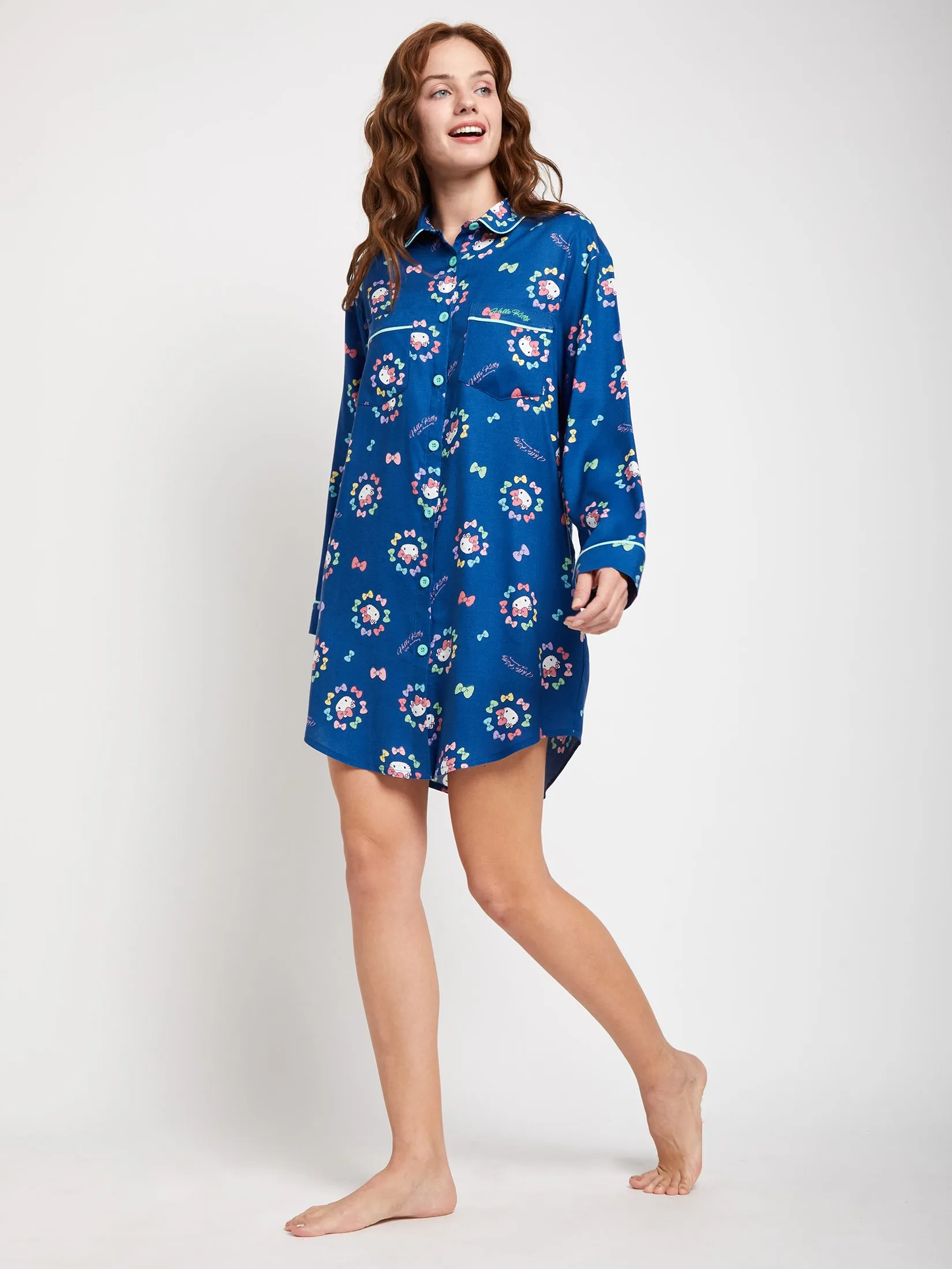 SANRIO Women Pyjamas Dress Long Sleeves Colorful Ribbon Hello Kitty Navy