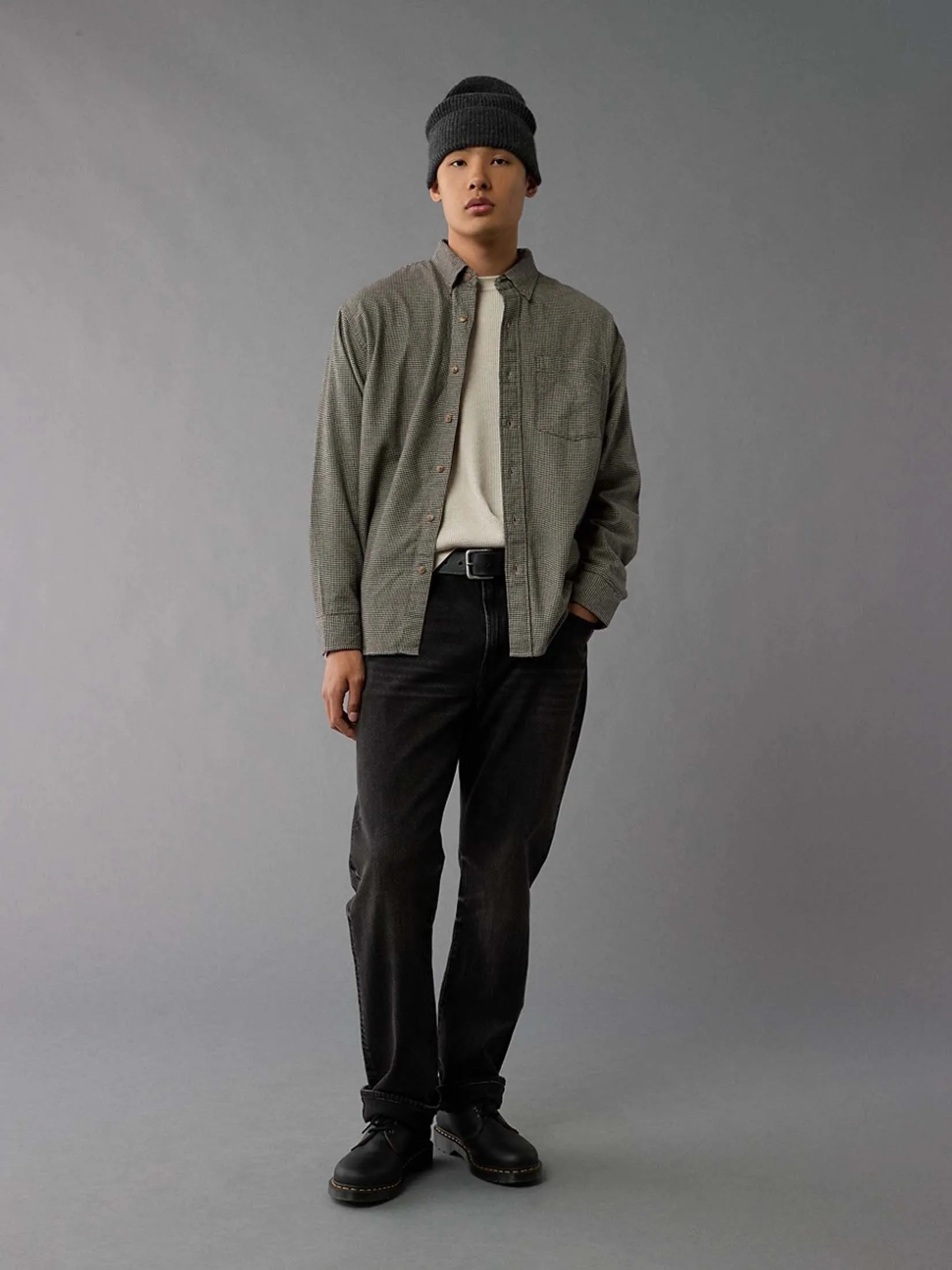 AMERICAN EAGLE MEN UMA PLAID OVERSIZED BD BIRCH FLANNEL SHIRT 213 STONE