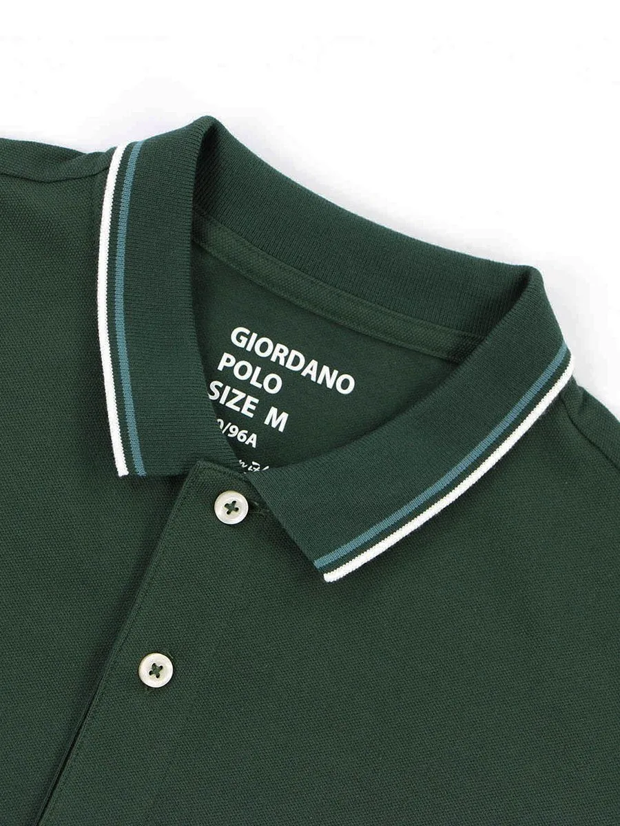 GIORDANO Men's Solid Cotton Lycra Short Sleeve Tapered Polo Sycamore Green