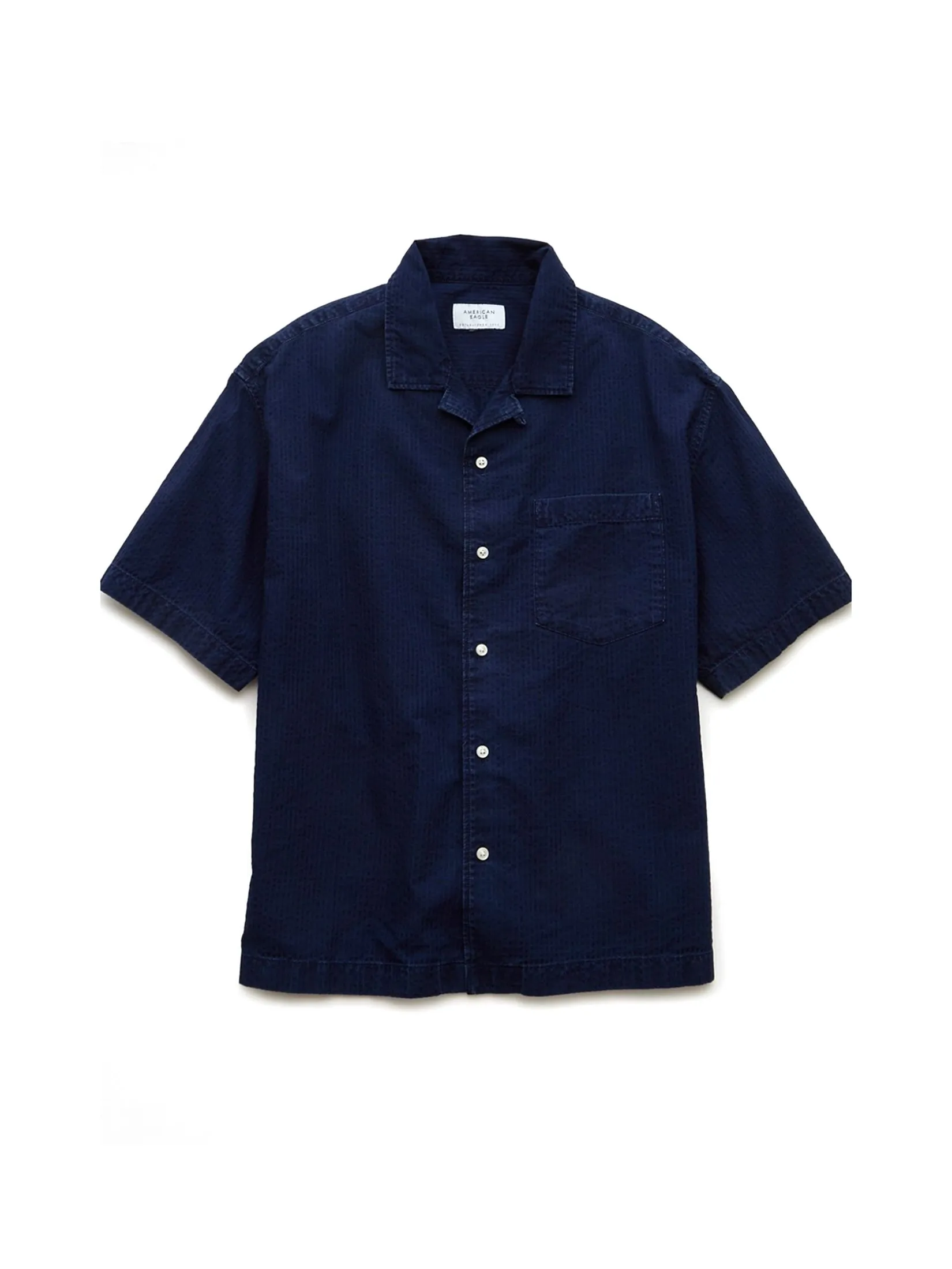 AMERICAN EAGLE MEN 2752 SS OVERSIZED CAMP COLLAR THEO INDIGO SEERSUCKER 405 RICH NAVY