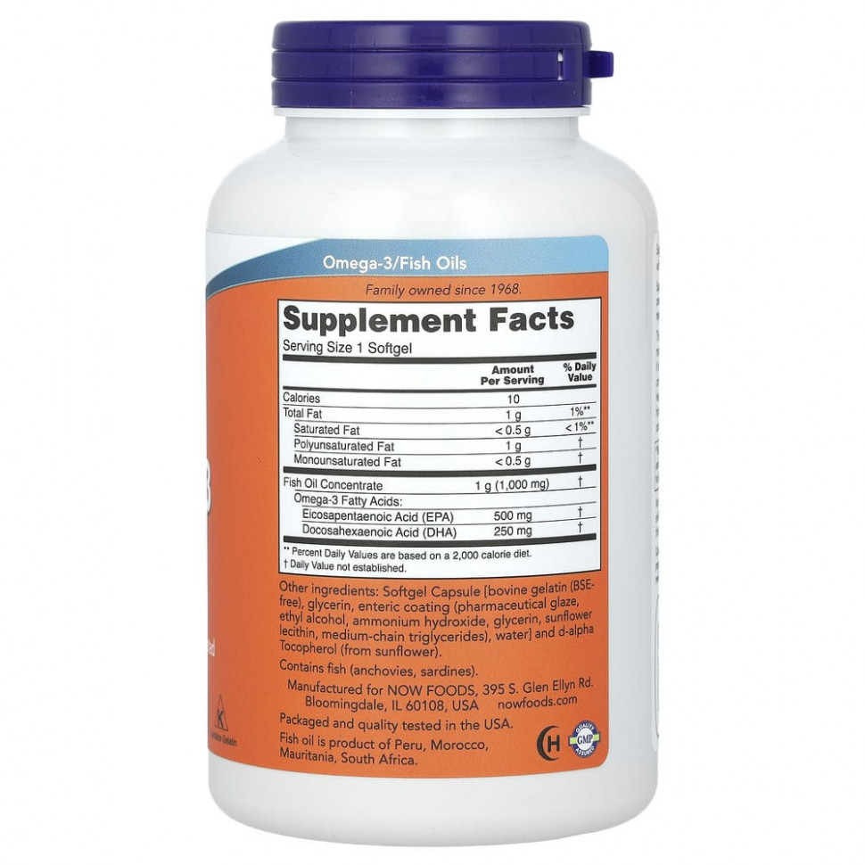 NOW Foods, ультраомега-3, 500 ЭПК/250 ДГК, 180 капсул, покрытых кишечнорастворимой оболочкой